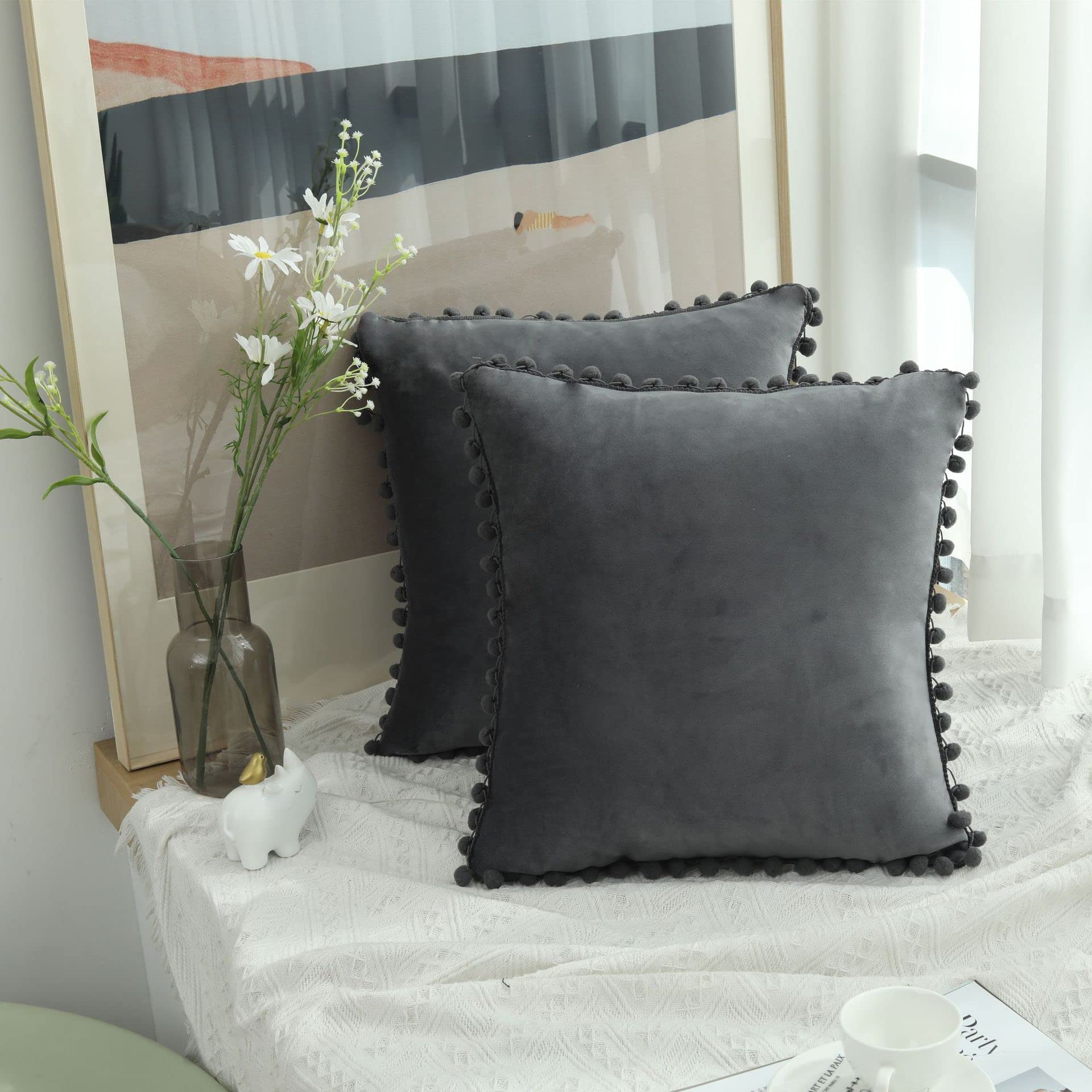 Hediloo Cushion Covers Pack of 2 Soft Velvet Throw Pillow Cases with Pom Pom Invisible Zip for Sofa Chair Living Room (Dark Grey, 65 * 65cm) โ image 1