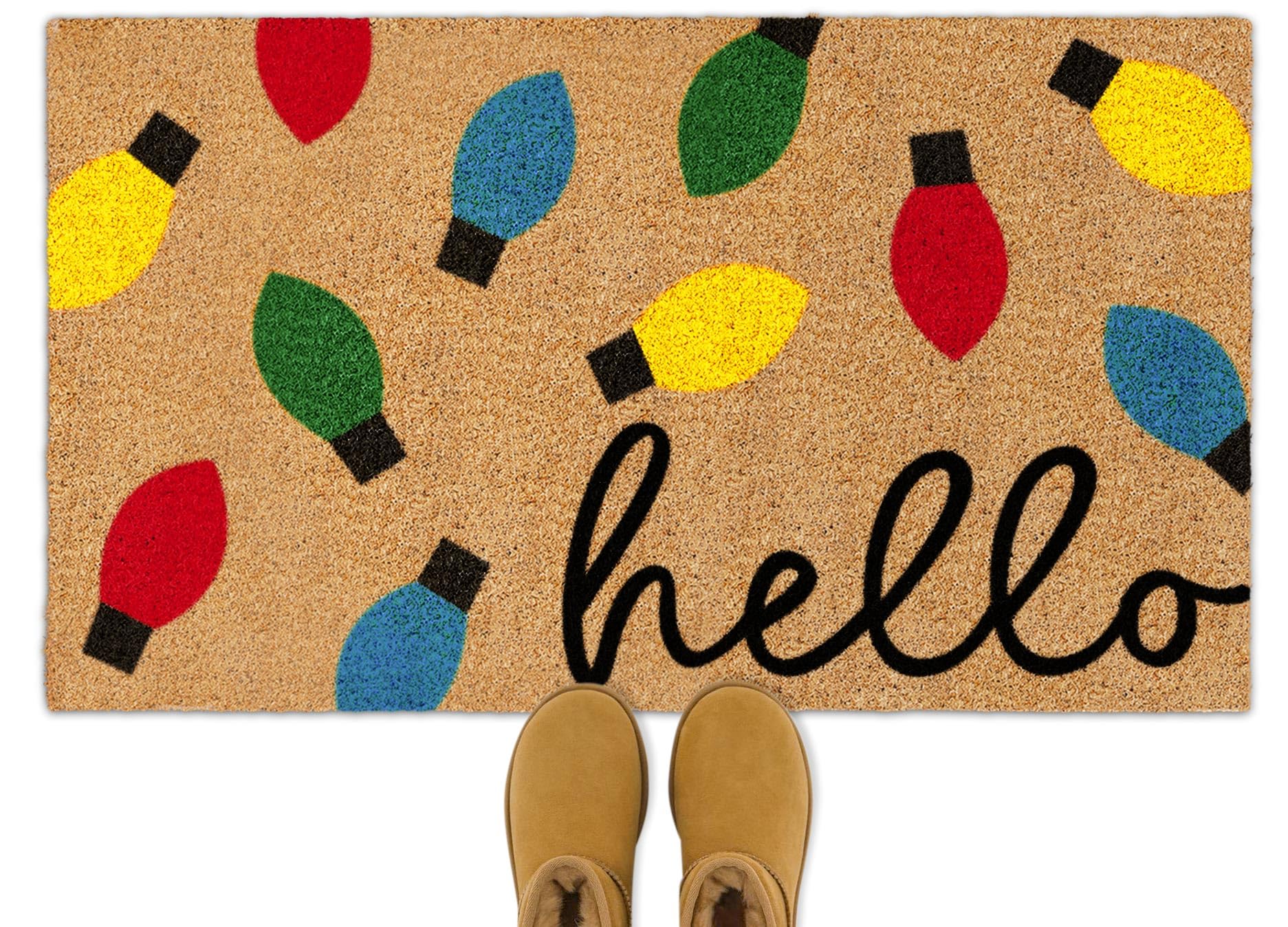 JarThenaAMCS Christmas Natural Coir Doormat Colorful Xmas Light Bulbs Welcome Floor Mat Non-Slip Entrance Door Rugs for Indoor Outdoor Bathroom Decor, 16.5 x 29 Inch