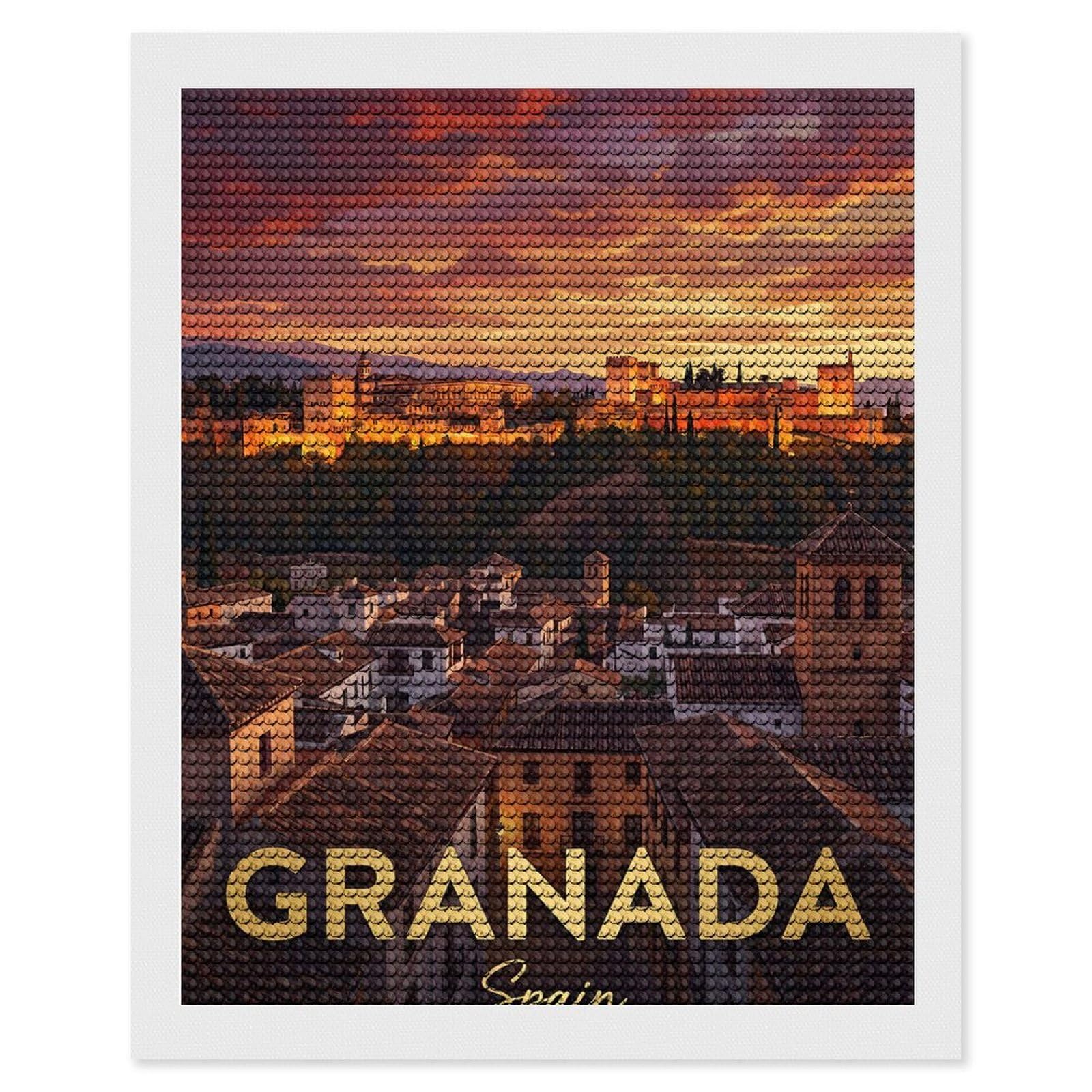 Junmoney Granada Spain Cityscape at Sunset Diamond Art Canvas 16"x20", for Teens, Nice Detail and Sparkle, Farmhouse Decor, Festive Craft Gift, Easy to Enjoy