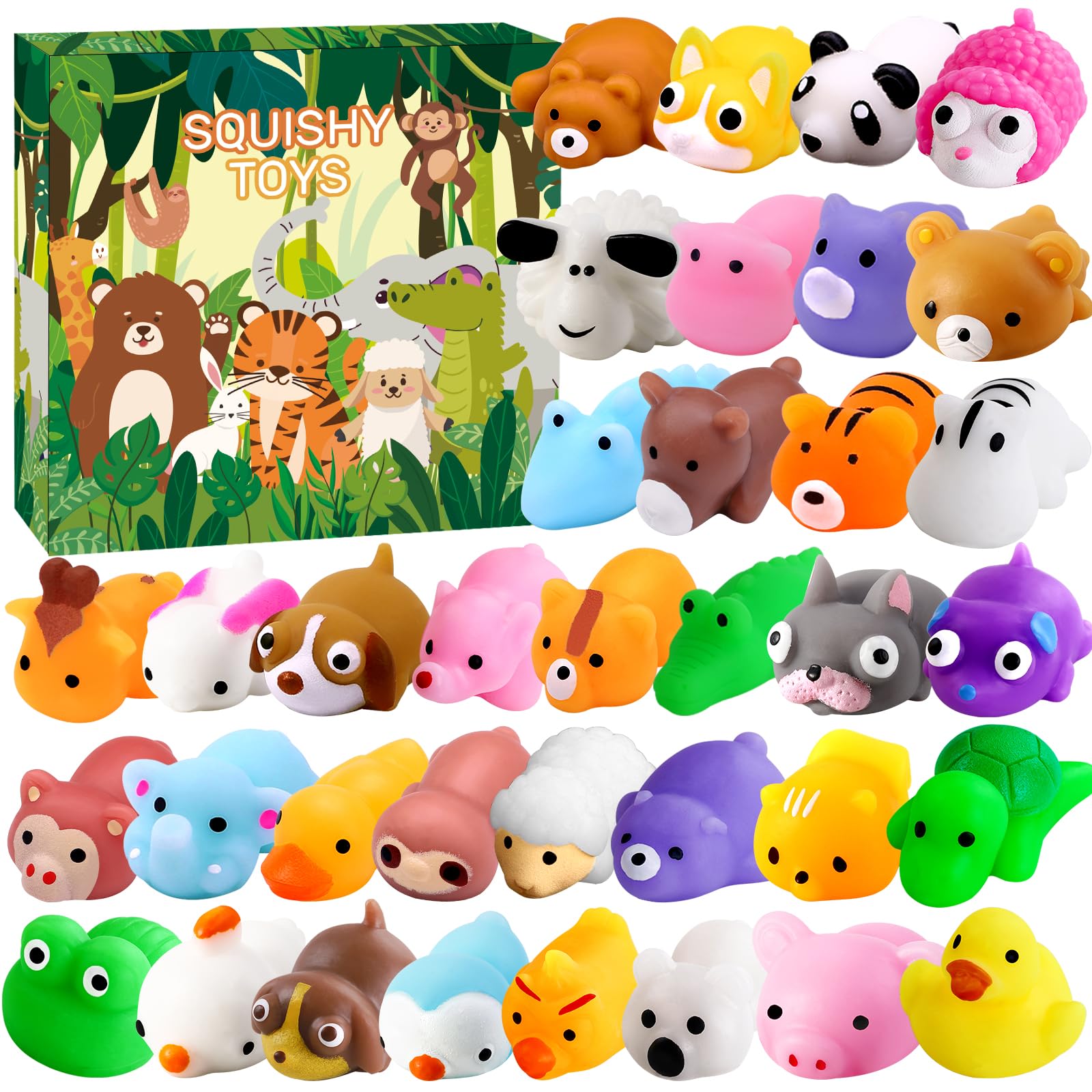 DIYDEC 36pcs Mochi Squishy Toys, Mini Kawaii Animals Squishies Soft Cute Squeeze Fidget Toys Stress Relief Toys Party Bags Fillers for Boys Girls Birthday Party Favors