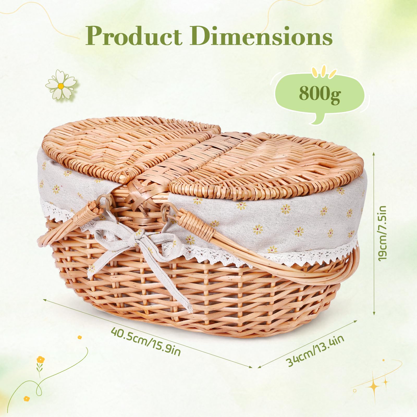 Picknickkorb,Picknickkorb 2 Personen mit Doppelt zu öffnendem Deckel und Klappbarem Griff,Picknick Korb Klein mit Herausnehmbarem Baumwollfutter für Picknicks, Camping(Gelb/40x34x19CM)