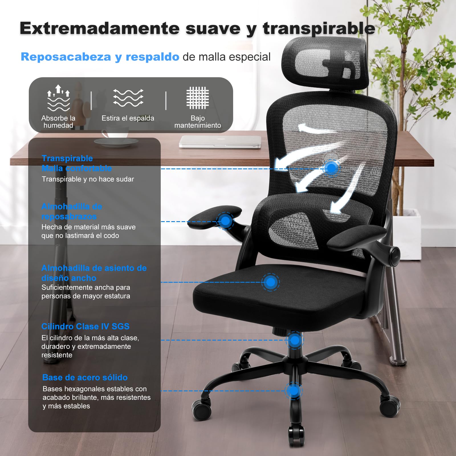 Magic Life Silla de Oficina Ergonómica con Soporte Lumbar, Asiento de Malla Rebotante, Respaldo Transpirable y Reposabrazos 3D, Altura Ajustable para Oficina en Casa (Negro)