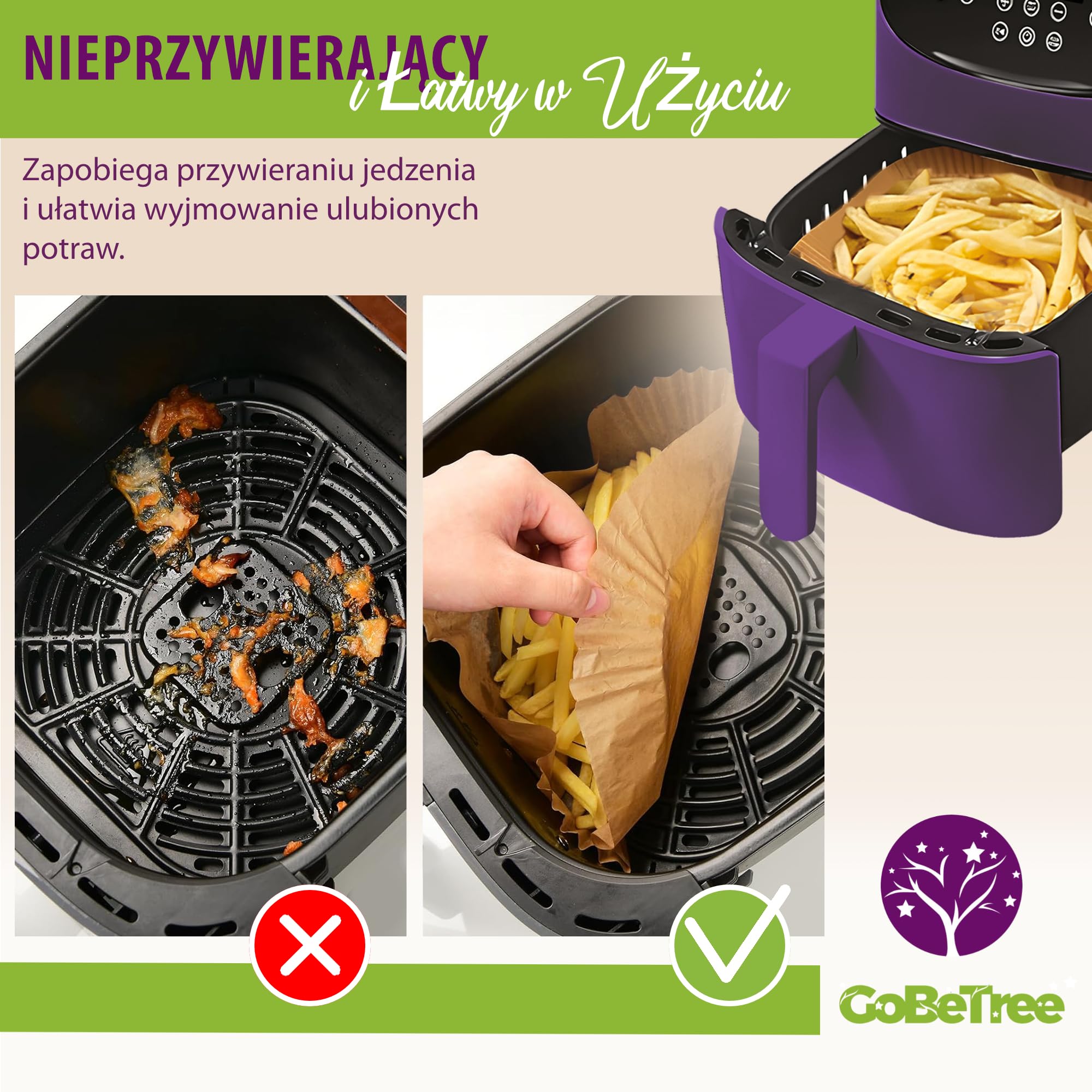 GoBeTree 200 Papier Do Frytkownicy Beztłuszczowej Kwadratowy 20-24,5 cm. Nieprzywierający Air Fryer Papier Cosori 5,5L 6L Cecotec Philips Ninja Bez BPA Perforowany Jednorazowy Do Piekarnika