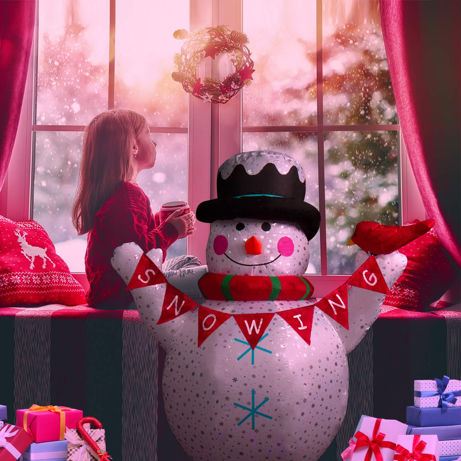 CCLIFE - Muñeco de nieve inflable, decoración navideña, muñeco de nieve, inflable, exterior, interior, LED, con pere Noel y pingüino de Navidad, luminoso al aire libre