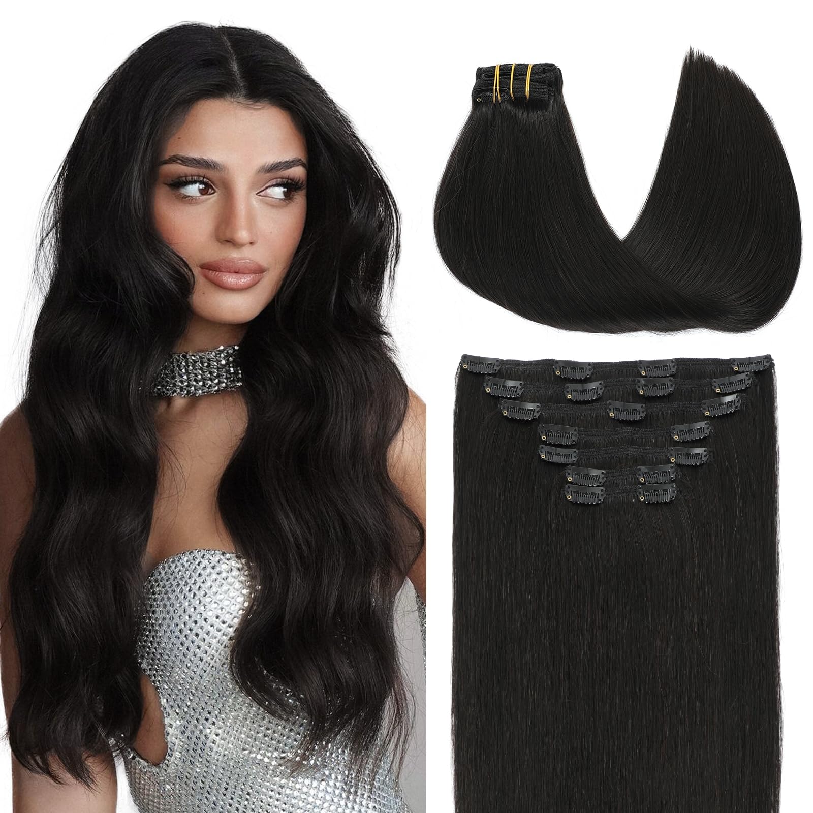 VINBAO 160g Thick Clip in Extensions Human Hair Natural Black 7pcs 20inch Real Hair Extensions Clip in Human Hair for Women Double Weft (7C#1B-20Inch)