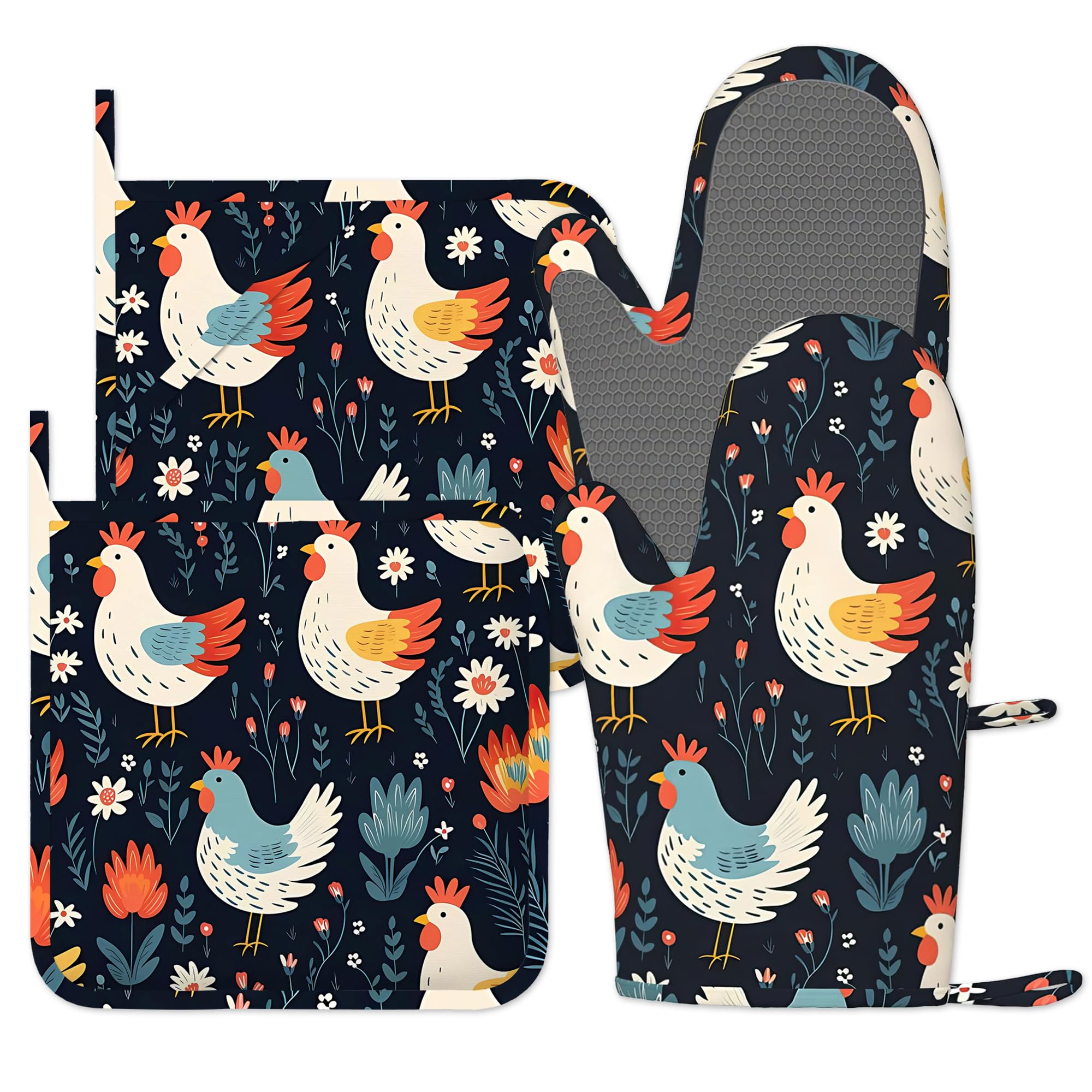 Cute Chicken Oven Gloves Silicone Oven Mitts and Pot Holders Sets of 4, Vintage Kitchen Gloves Hot Holders for Kitchen Baking Cooking Housewarming Gifts