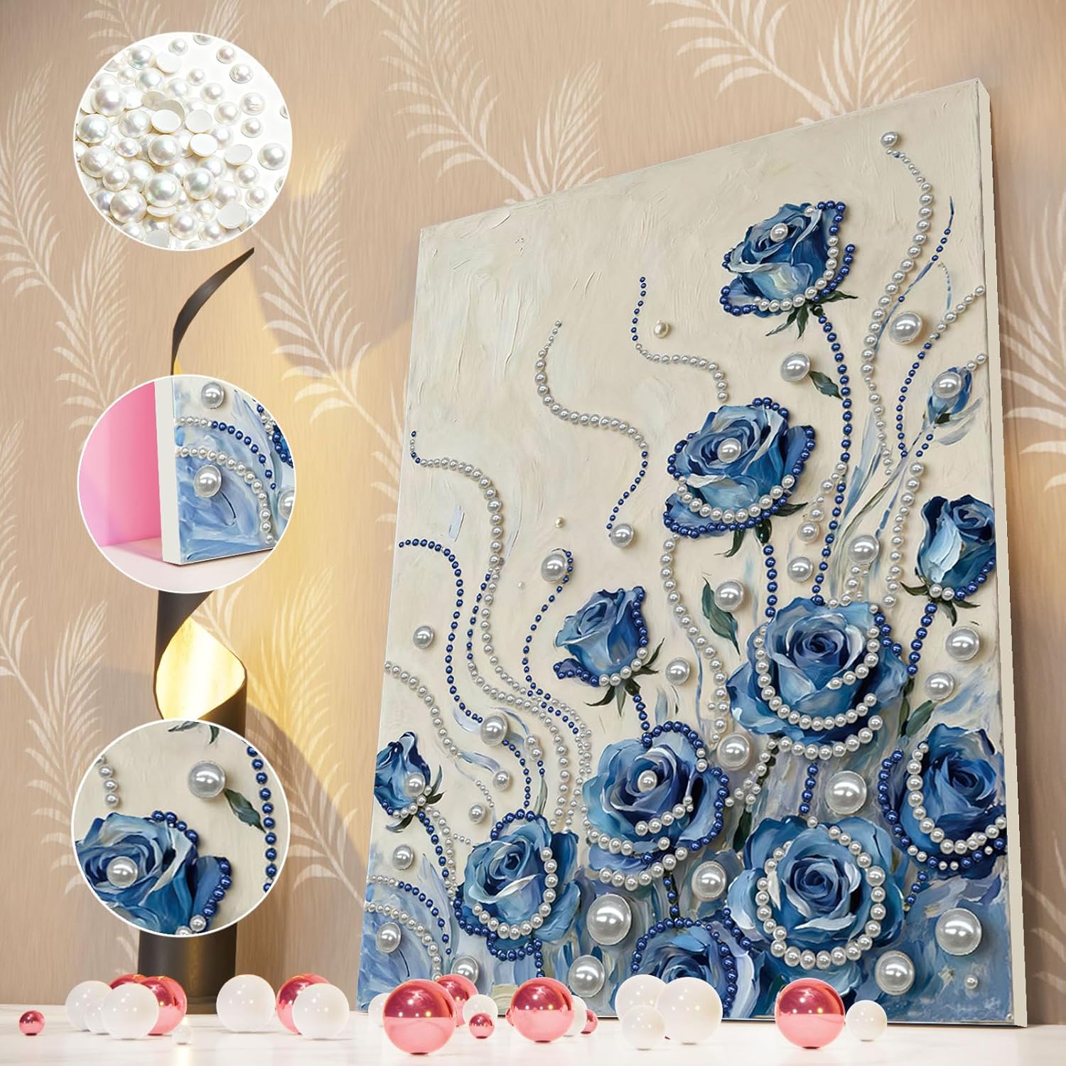 Pearl Gem Diamond Art Painting Kits,Blue Flowers Pattern Diamond Dots Pearl Gem Paintings Picture Arts Craft 30x40cm with Frame for Adults Gift Home Decor