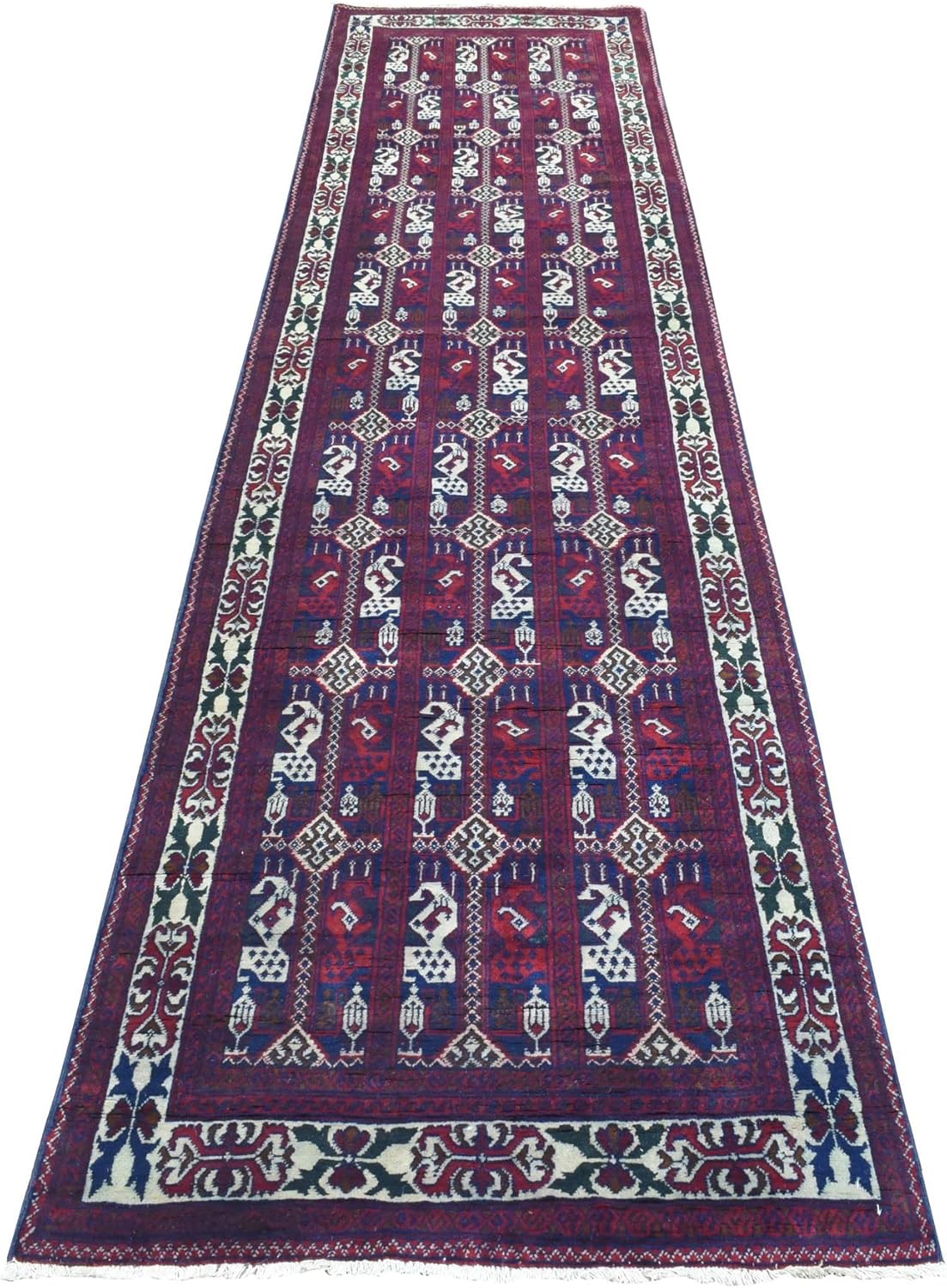Deep and Saturated Red Afghan Khamyab with Geometric Design Soft and Velvety Wool Hand Knotted Wide Runner Oriental Rug (3'x12'5")