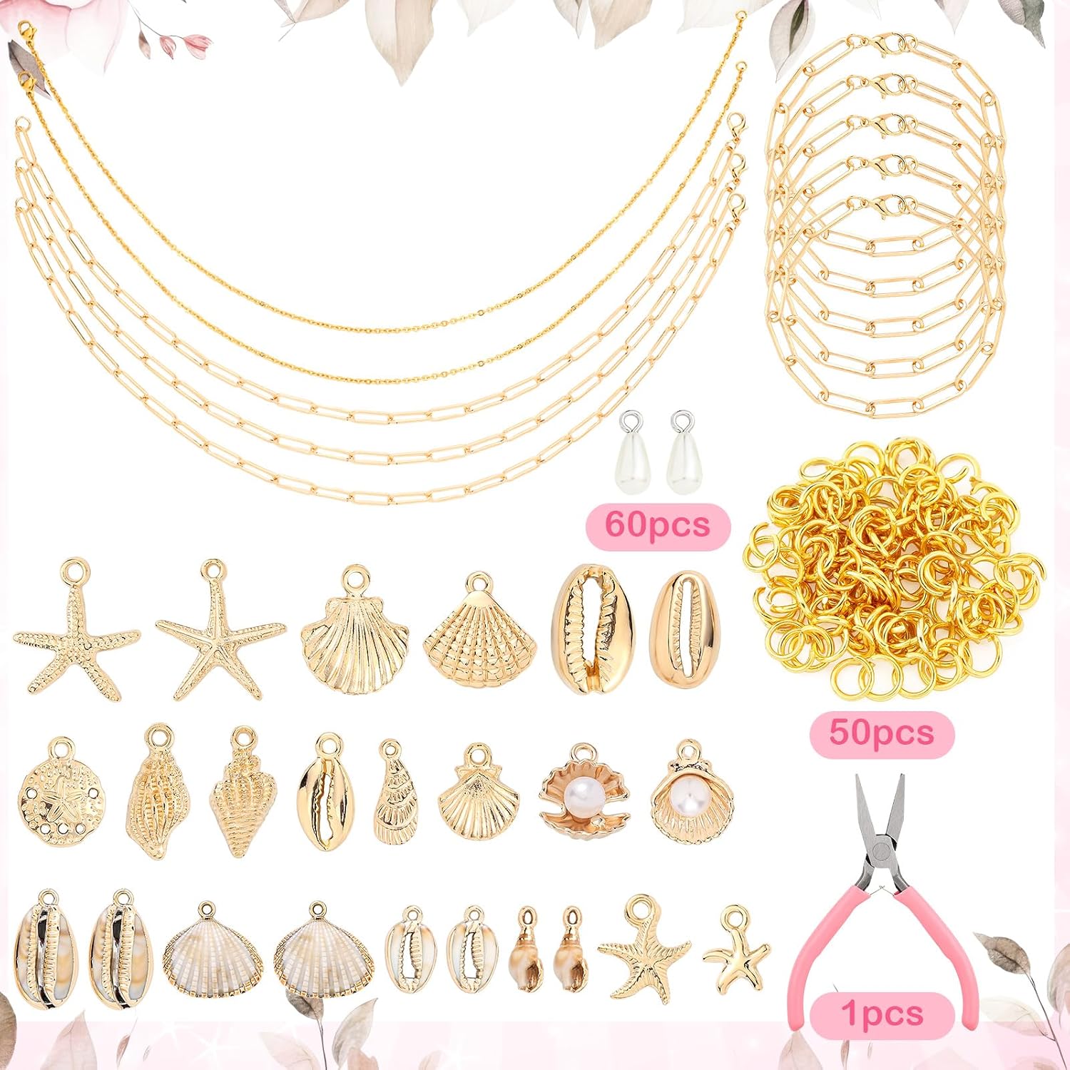 Liliaafar 107 Pcs Jewelry Making Kit DIY Beach Shell Charm Necklace and Bracelet for Women Jewelry Making Accessories with Charm Pendants Jump Rings Lobster Clasps Pliers for Arts Craft Gift