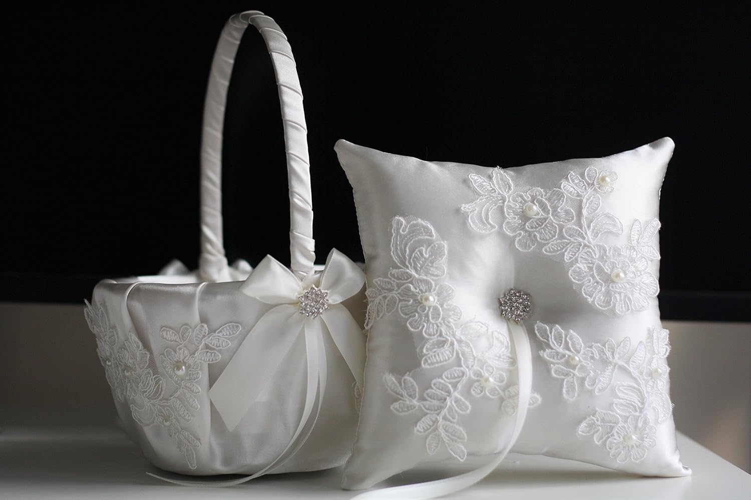 White Ring Bearer Pillow & Wedding Flower Girl Basket Set | Alex Emotions | Lace Applique Collection