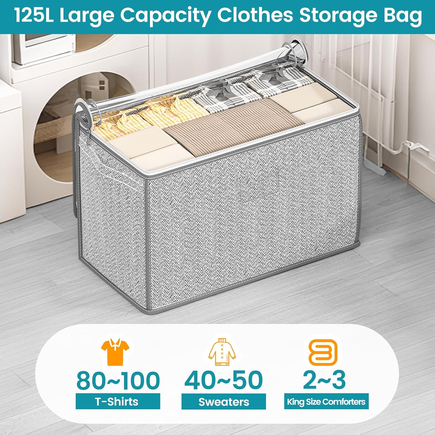 3 Pack 125L Grey Comforter Storage Bags, Clothes Storage Bags, Collapsible Closet Organizers, with Reinforced Handles & Sturdy Zippers