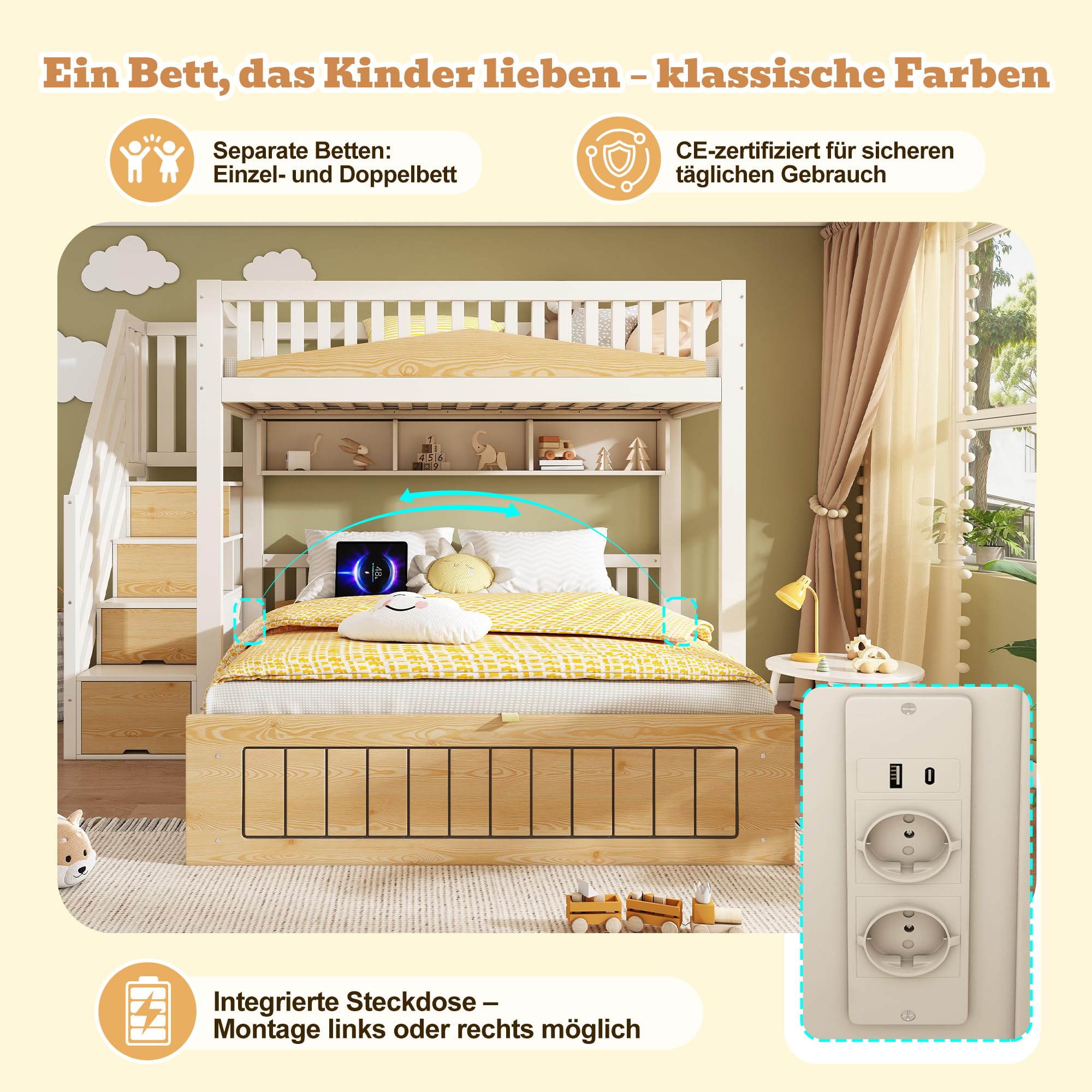 Merax Kinder Holz Etagenbett 90x200 & 140x200 cm mit Treppenschrank, hydraulischem Stauraum & USB-C Ladestation, Familienbett Hochbett mit Sicherheitsgeländer, Weiß Natur