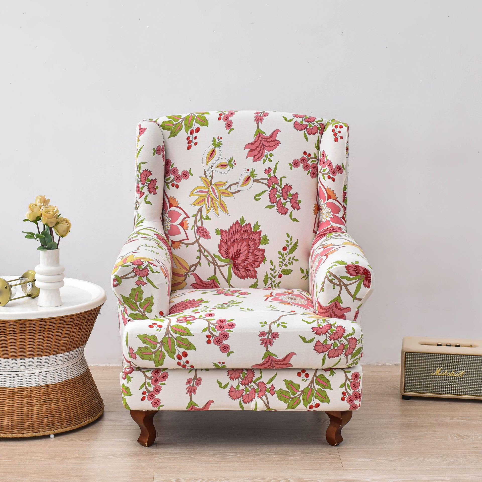 Chickwin Stretch Wingback Chair Slipcover, Vintage Flower Living Room Chair Covers Furniture Protector, Spandex Wing Back Chair Covers with Arms (