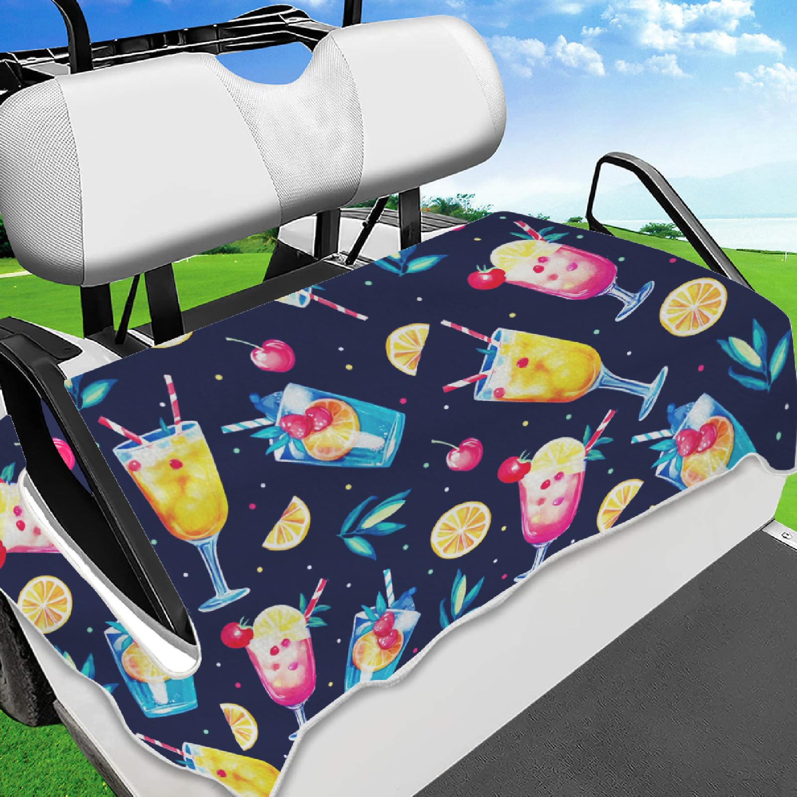 PRESSINART Golf Cart Seat Covers Universal Golf Cart Seat Towel Cherry Lemon Drinks Pattern 51 x 31 Inch Microfiber Softer Breathable Keeps Cushions Cool and Comfortable for Club Cars Accessories