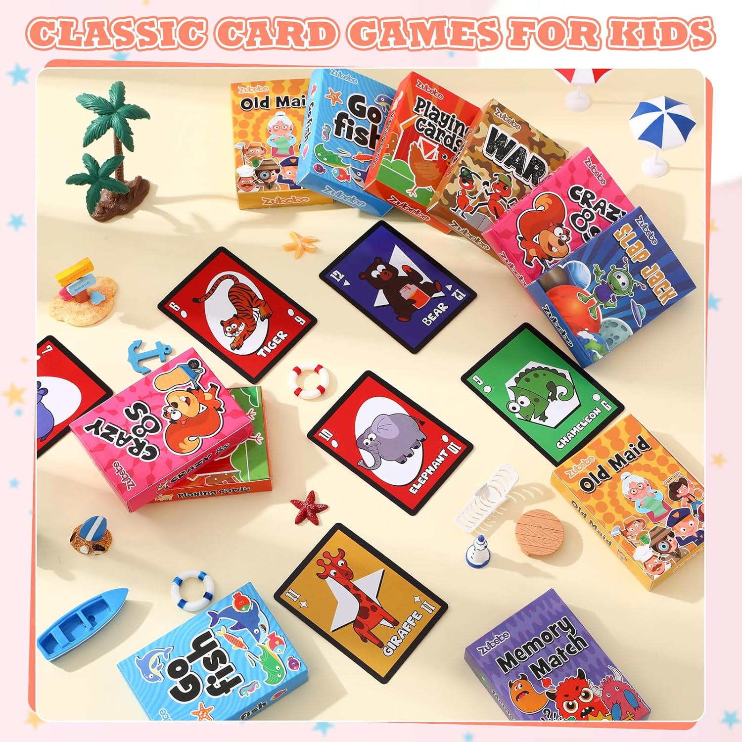 Zubebe 28 Pack Kids Card Games Gifts Bulk Classic Playing Card Game Set for Kids Includes Go Fish, Old Maid, Crazy Eights, Memory Match, Slap Jack, Playing Toy for Party Favors (Vivid)