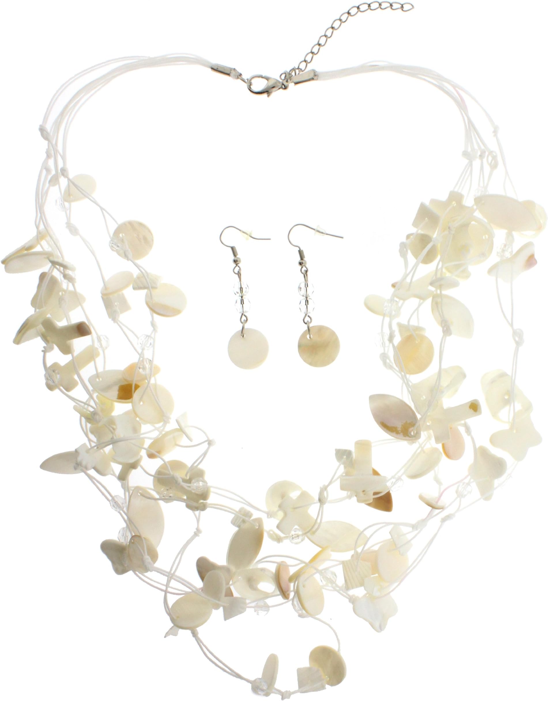Natural Shell Strand Necklace in Assorted Shapes, Butterfly and Cross, Shell Earrings Included