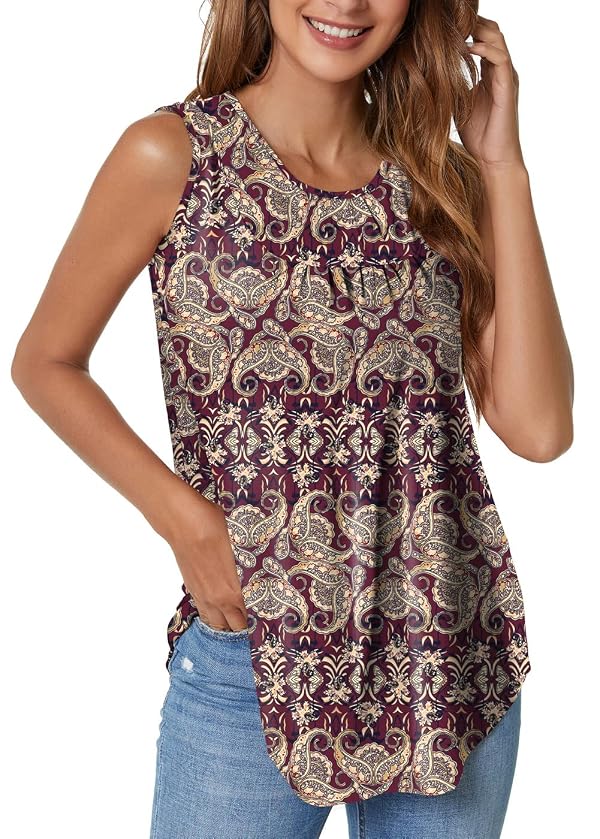 SUNNEGOO Women's Sleeveless Tank Tops Printed Pleated Loose fit Casual Sleeveless Blouse Shirt Flare Tunic Tank Tops for Women Summer C-Purple by SUNNEGOO - Used condition - US$8.87