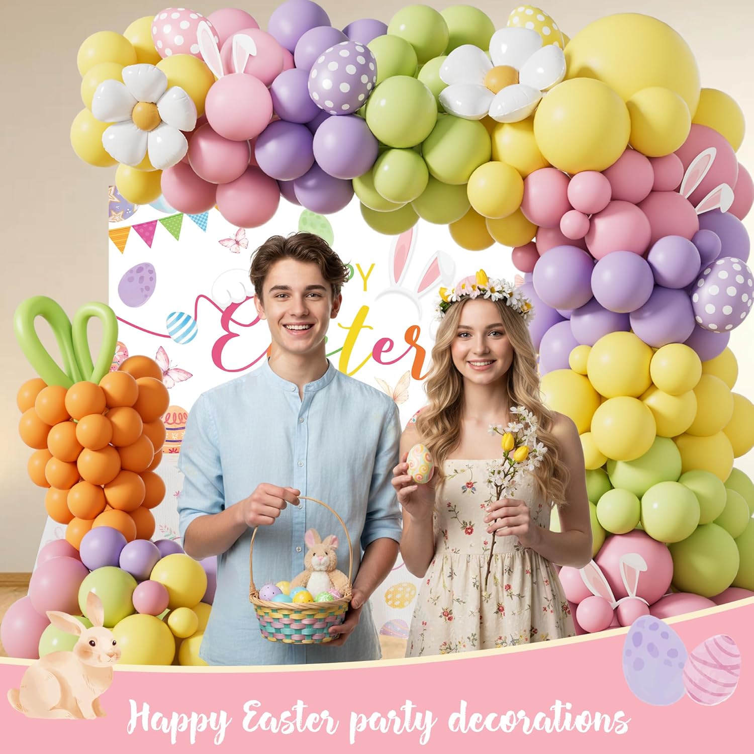 Easter Party Decorations Kit, Happy Easter Bunny Party Supplies for Home Indoor Decor, Spring Balloon Garland Banner, Cake Cupcake Toppers, Backdrop Tablecloth for Easter Garden Party Decorations Set
