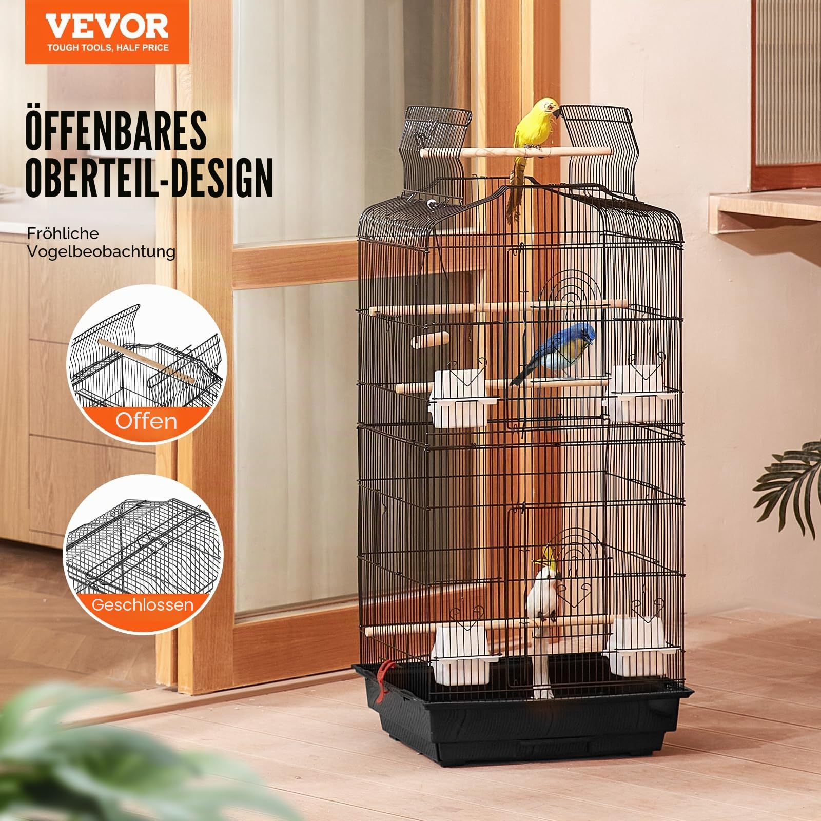 VEVOR Vogelkäfig, 457 x 355 x 925 mm, Vogelhaus für Sittiche, Finken, Kanarienvögel, Unzertrennliche, Nymphensittiche, Wellensittiche, kleine Mönchssittiche, Metallkäfig mit Schaukel & Sitzstange