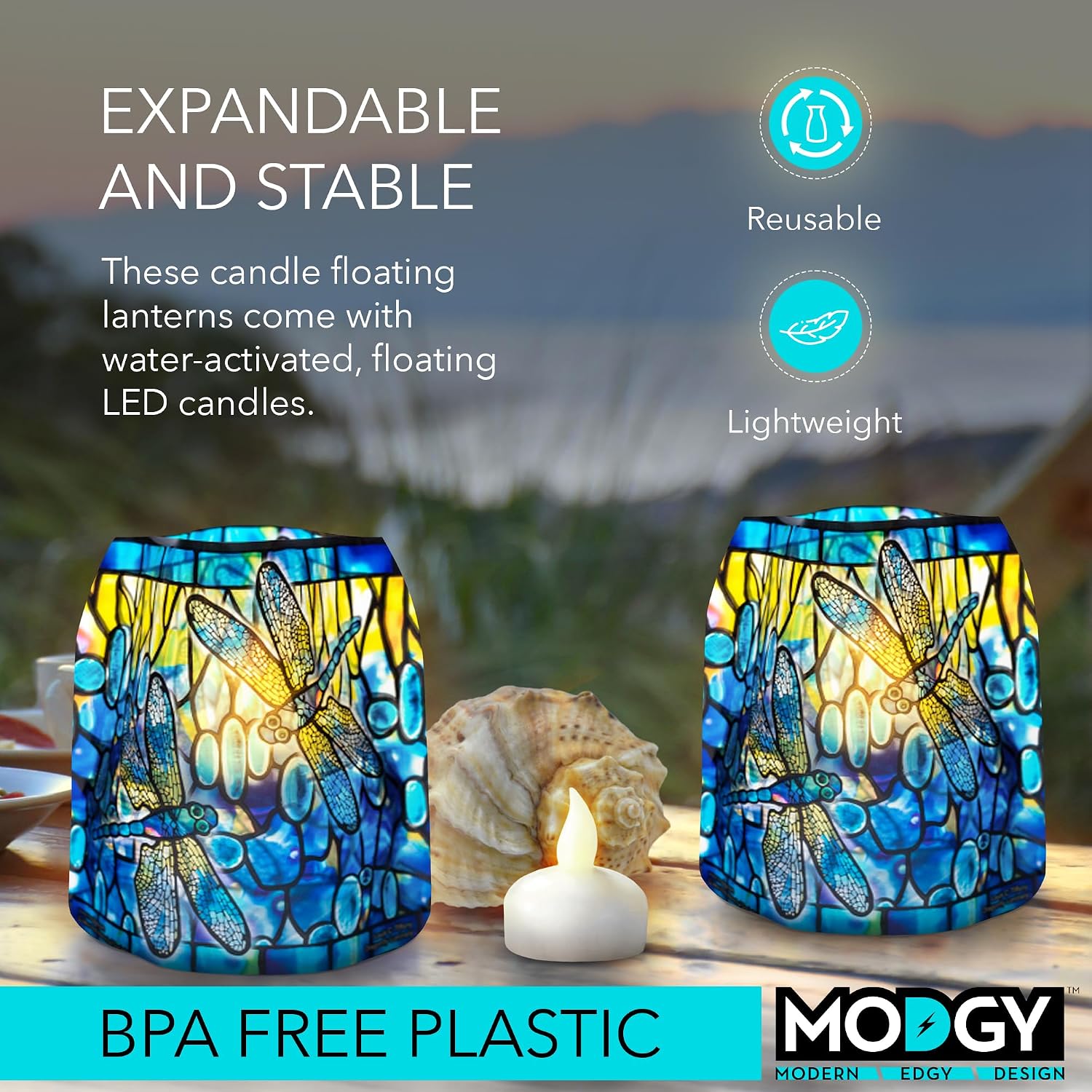 MODGY Luminary Lanterns Dragonfly, Louis Tiffany Designed Plastic Candle Lanterns w/Flameless LED Candles, Expandable Decorative Lanterns for Home Decor, Weddings, Patio, Table Centerpieces, Set of 4