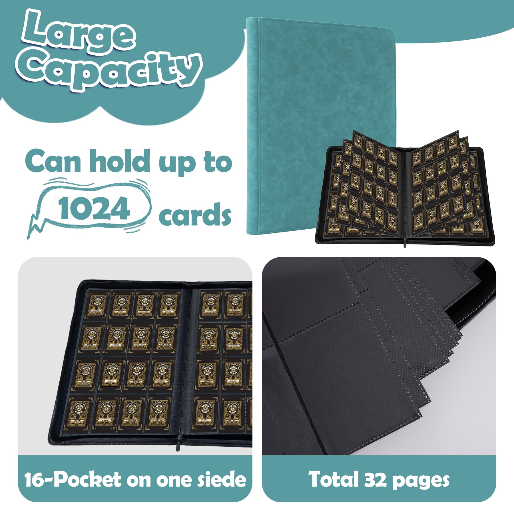 Raccoglitore per carte collezionabili con oltre 1000 tasche, 16 tasche, senza anelli, per YuGiOh, MTG, TCG, carte da gioco, carte sportive, biglietti da visita (verde chiaro)