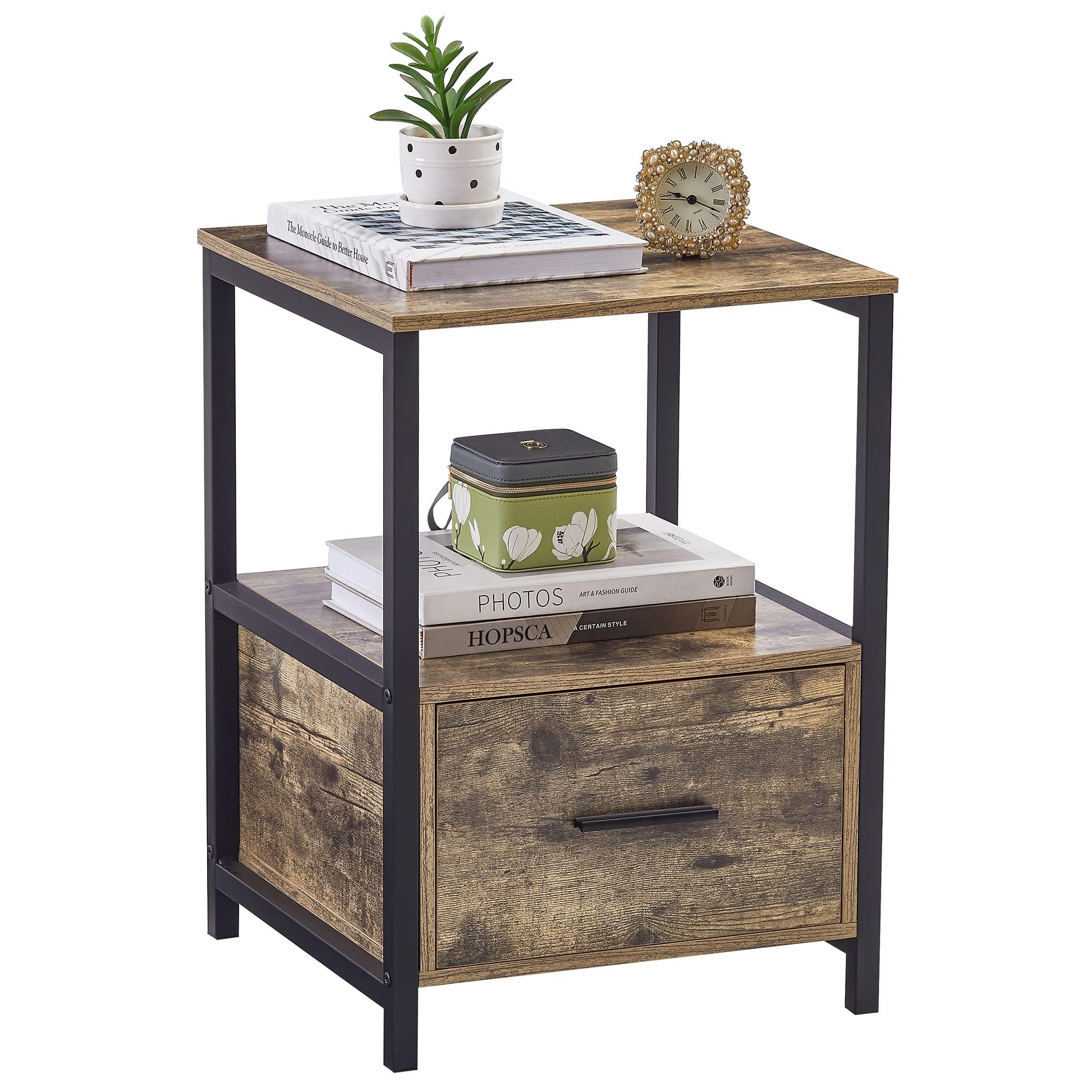 VECELO Bedside Table, Nightstand Side Table with Metal Frame, Large Drawers, Open Compartment, for Bedroom, Living Room