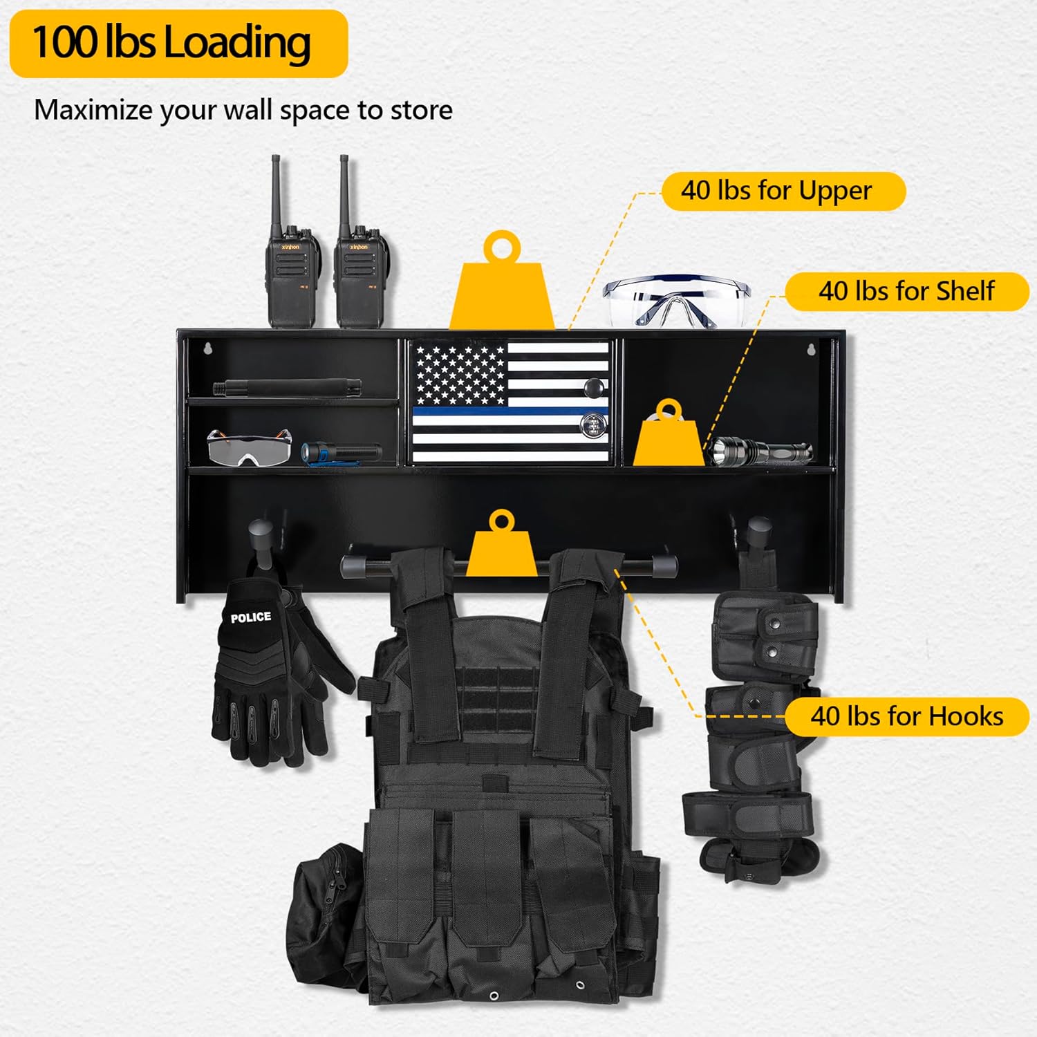 Police Gear Stand, Police Hanger, Tactical Duty Gear Rack with 3 Hooks, Free-Standing All Iron Frame Police Gift Decor with Flag, Black, Come Home Safe