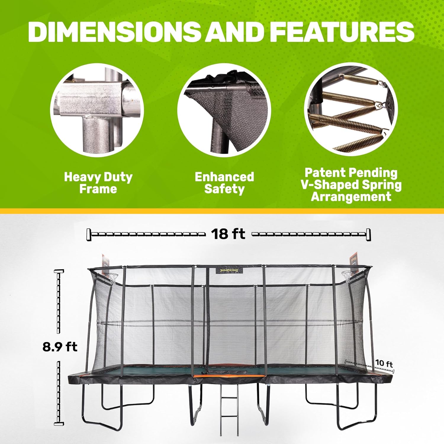 JumpKing Rectangle Trampoline Outdoor with Enclosure, Ladder, and Net, Large Recreational Trampoline for Kids and Adults, ASTM Compliant, Heavy Duty, Weather-Resistant, 1200LBS Capacity