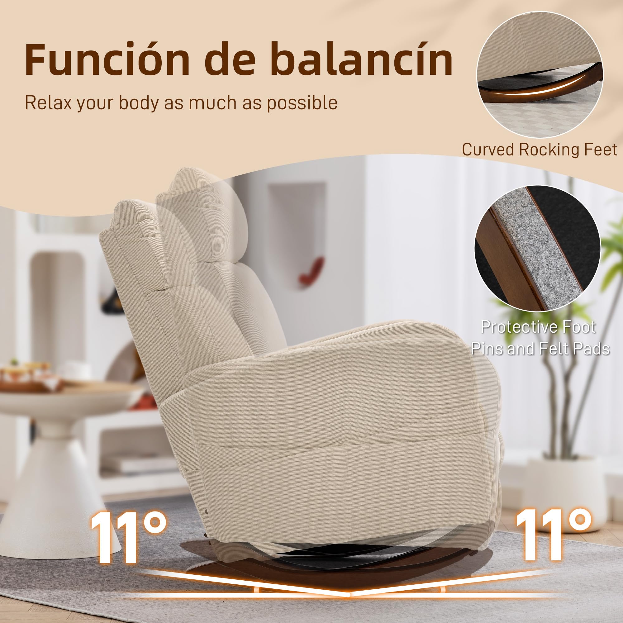 HOMCOM Silla Mecedora, Mecedora de Pana con Respaldo Alto, Patas de Madera de Caucho, Bolsillos, Reposabrazos, Estilo Moderno, Sillón de Lactancia, Carga 120 kg, para Dormitorio, Salón, Beige