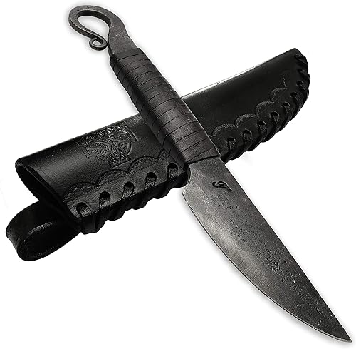 TOFERNER Cuchillo forjado a mano - Volute - negro - Deportes - Hoja endurecida - Estuche de cuero genuino hecho a mano-Vintage- Colección de arte -