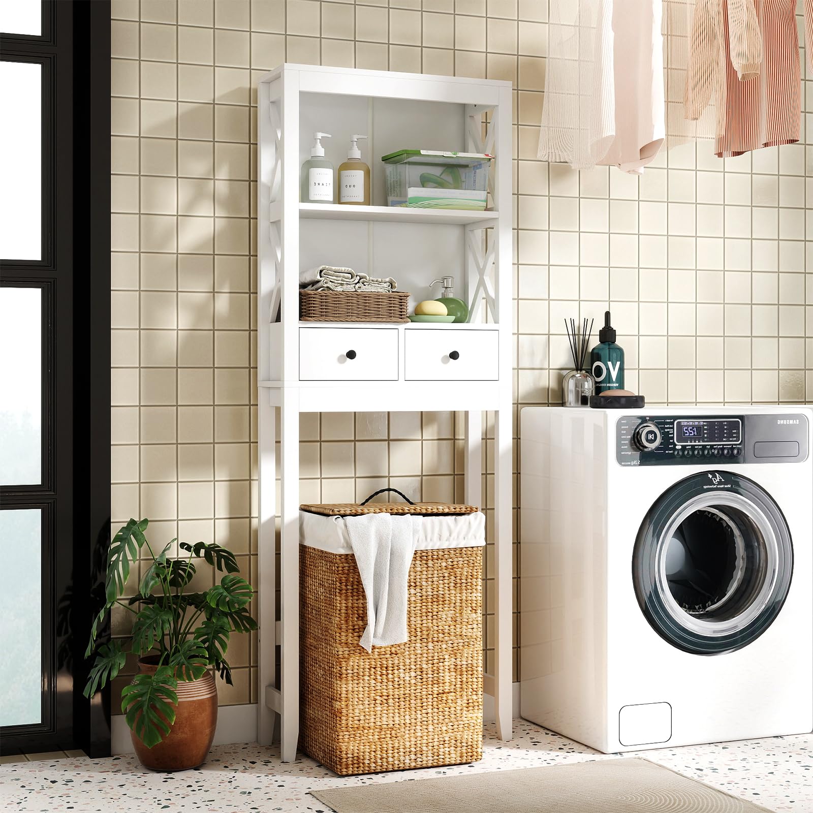 COSTWAY Estante de Almacenamiento sobre Inodoro, Organizador de Baño Independiente con Estantes Abiertos, Cajones y Barra Inferior Ajustable, 60 x 20,5 x 165 cm, Blanco