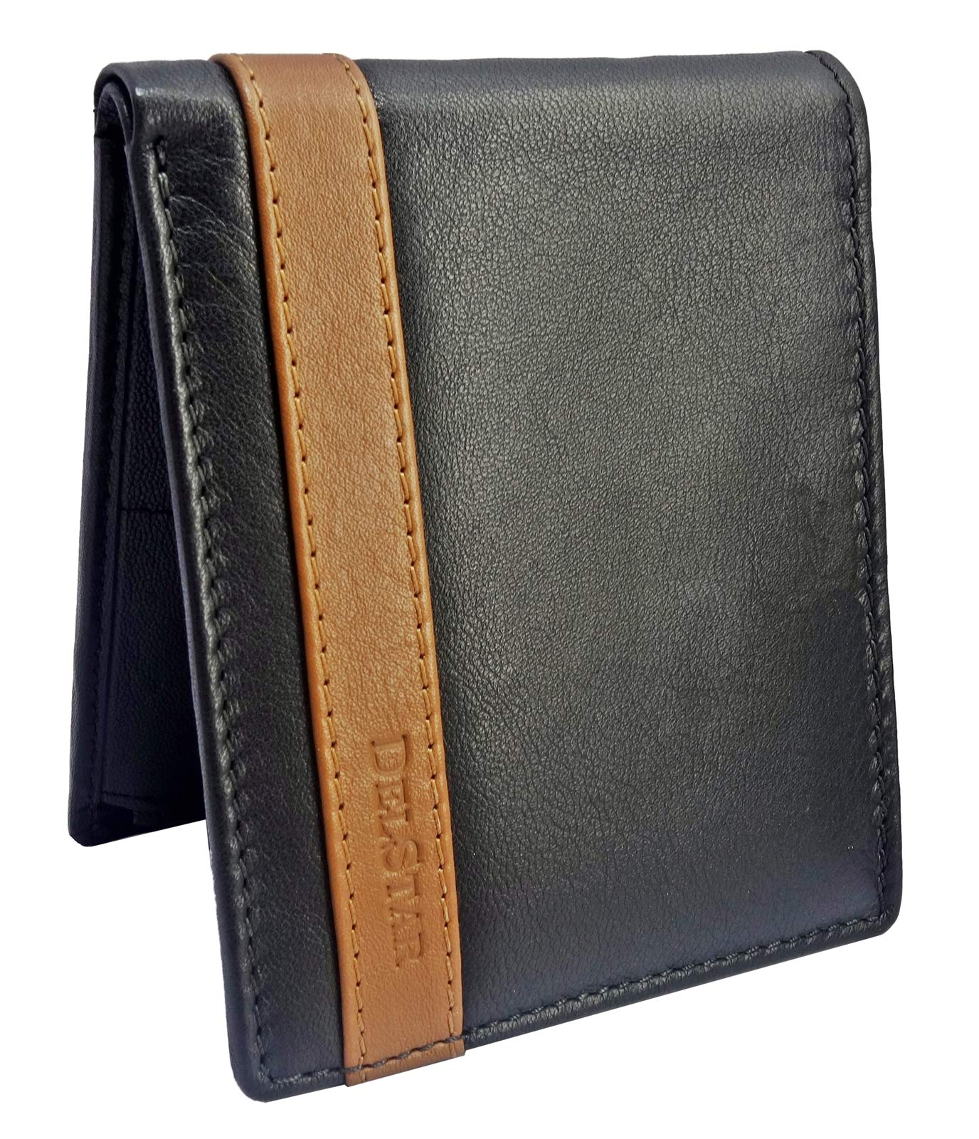 DELSTAR Leather Wallet for Men - RFID blocking & Chain Coin Pocket (Black)