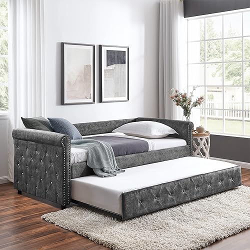 Vista 20 de Sofá cama de tamaño individual con nido, cama de día tapizada y nido, marco de sofá cama nido extraíble, sofá cama nido extraíble, sofá cama