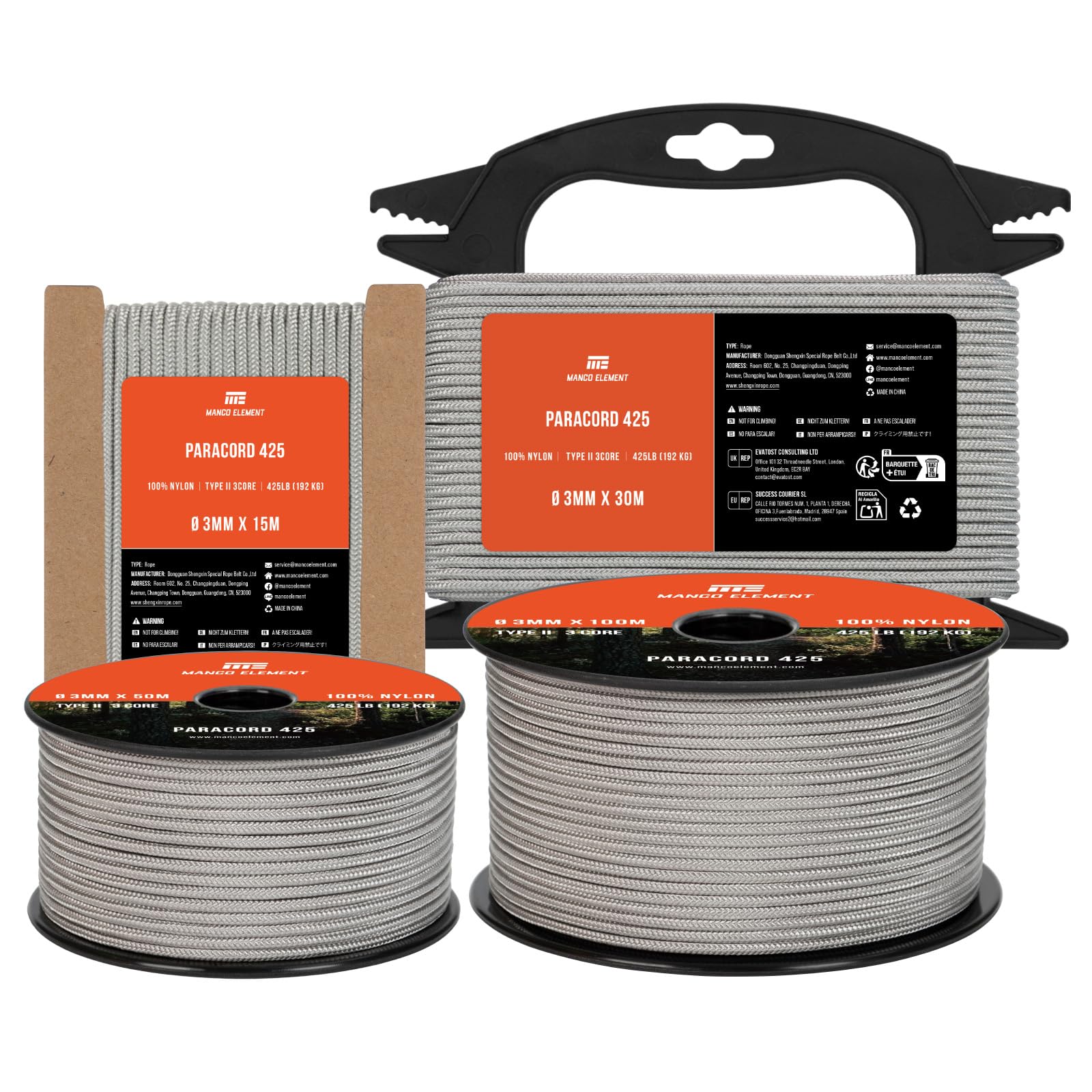 Manco Element 3mm Paracord 425 Type II 15m Grey | 100% Nylon Rope 3 Strands Tactical Cord | Ideal for Outdoor, Camping, Survival, Crafting, DIY