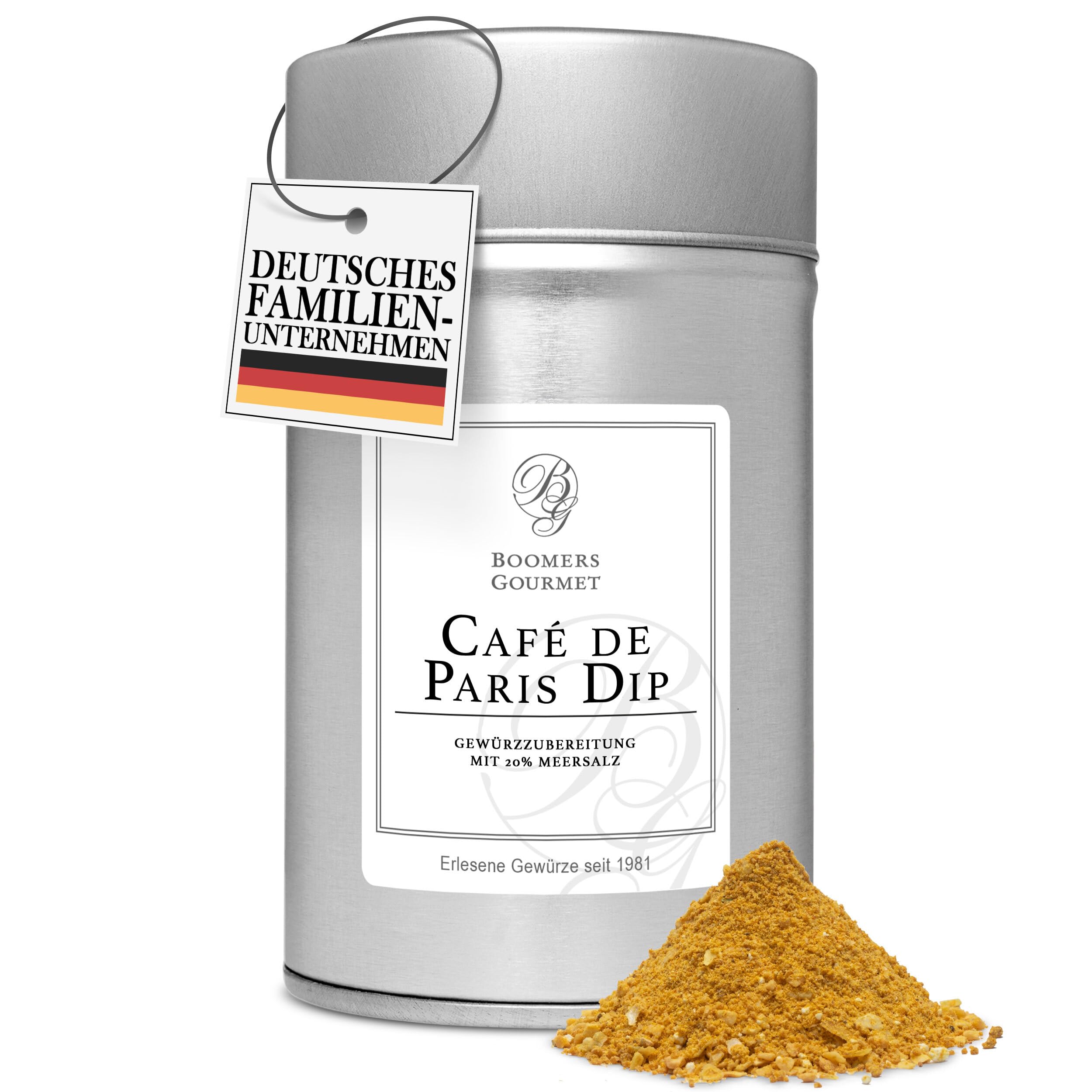 Boomers Gourmet - Café de Paris Dip Gewürzmischung I Würzige Mischung für Dips, Saucen & Marinaden – Ideal für Kräuterbutter, Brot & Fleischgerichte - Gewürzdose - 150 g