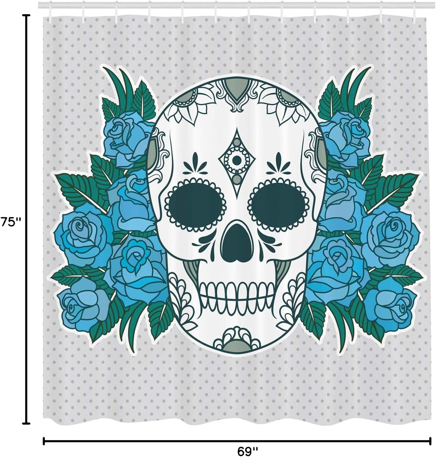 Ambesonne Skull Shower Curtain, Skeleton Head with Oriental Paisley Details Roses Leaves Design, Cloth Fabric Bathroom Decor Set with Hooks, 69" W x 75" L, Fern Green
