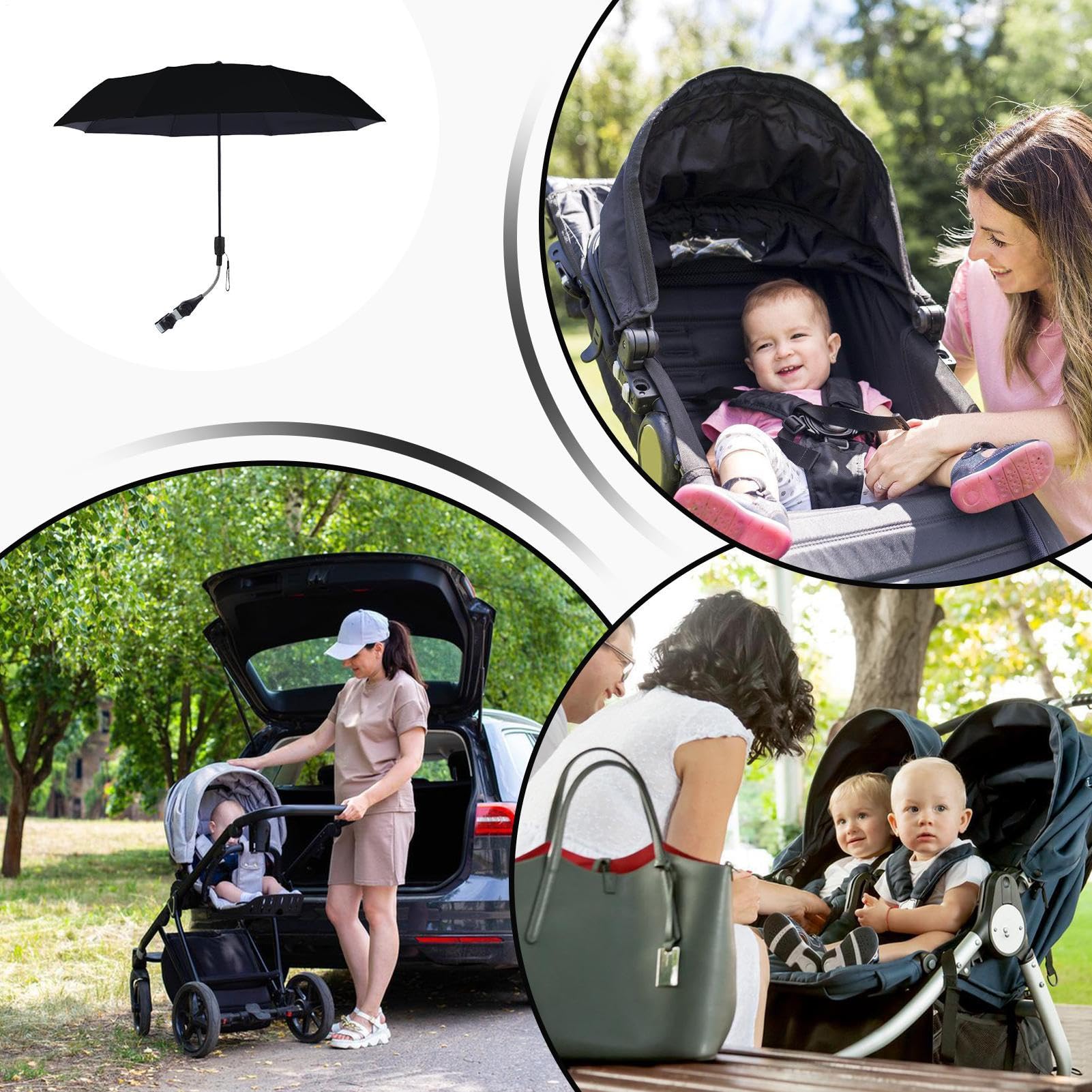 Adattatore per ombrellone per passeggino, con protezione UV, girevole a 360°, compatto, per vacanze in spiaggia, viaggi e passeggini