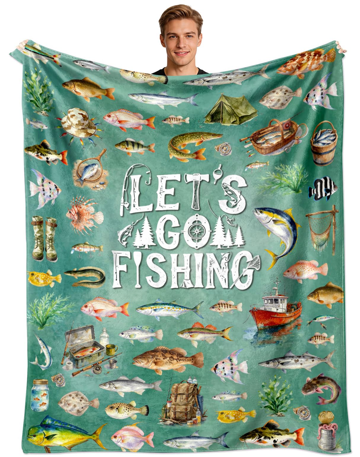 Fish Blanket Gifts for Men Fishing Lovers Soft Flannel Fishing Throw Blanket Fish Anglers Birthday Stuff Gifts Bedding Decor for Kids Adults 50"x40"