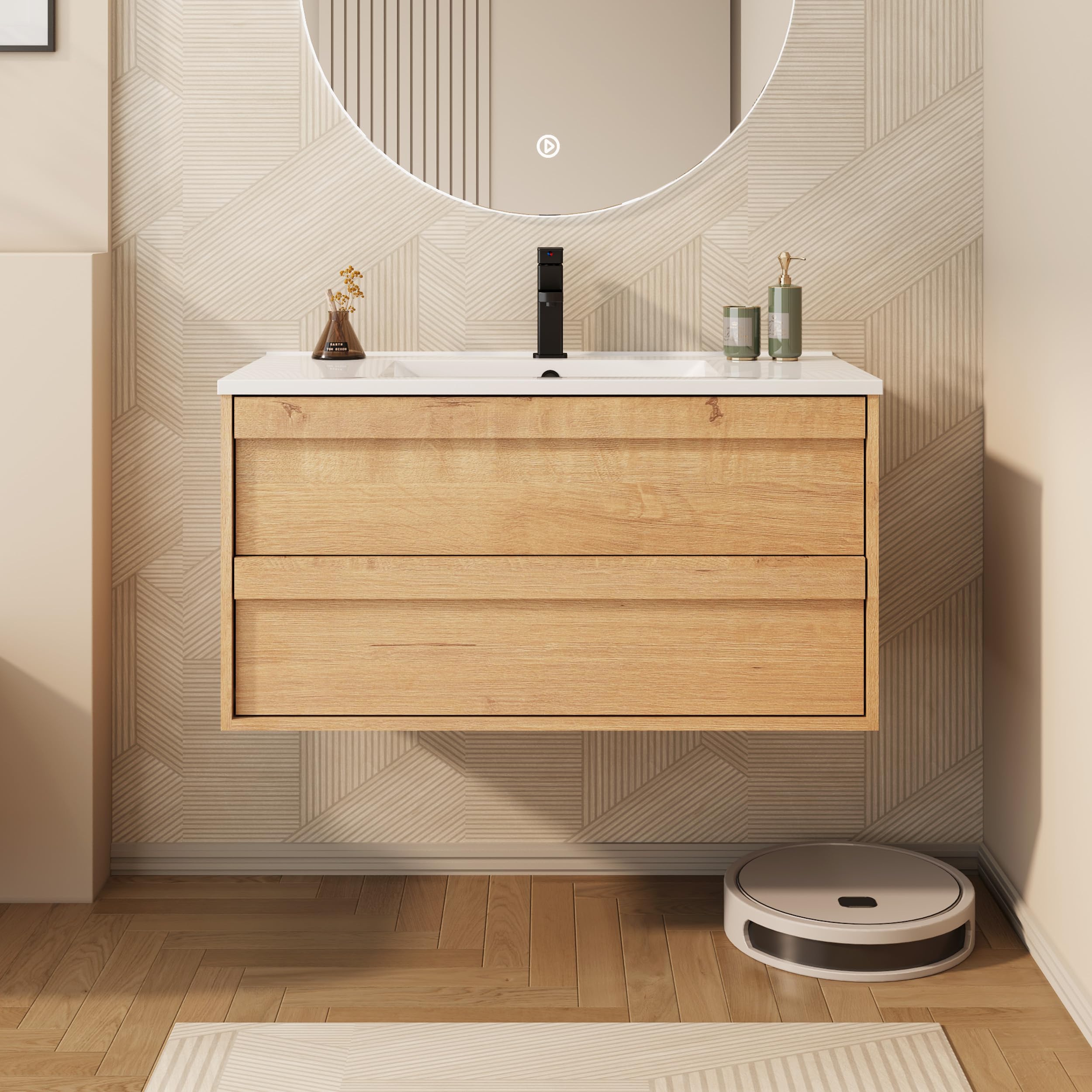 eclife 36" Floating Bathroom Vanity Sink Combo, Wall Mounted Modern Minimalist Storage Cabinet with 2 Drawers, Include Sink, Faucet & Drain, Natural