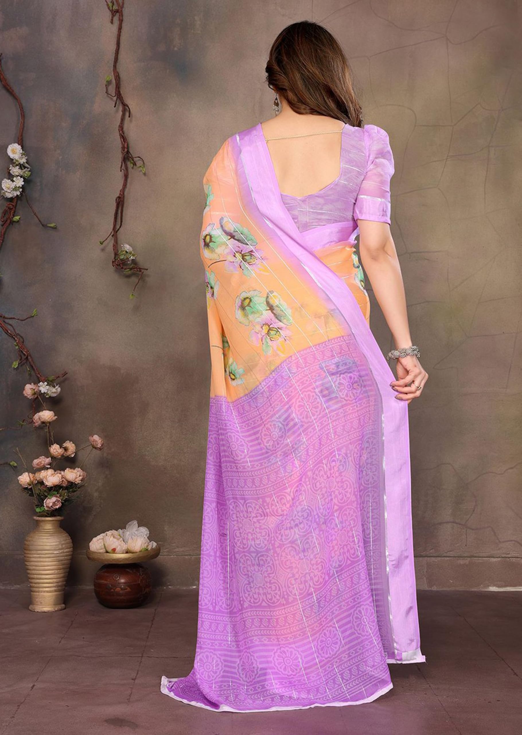 saree indiano donna Printed Georgette Light Weight Party Orange sari indiani donna Purple Blouse Piece-1198