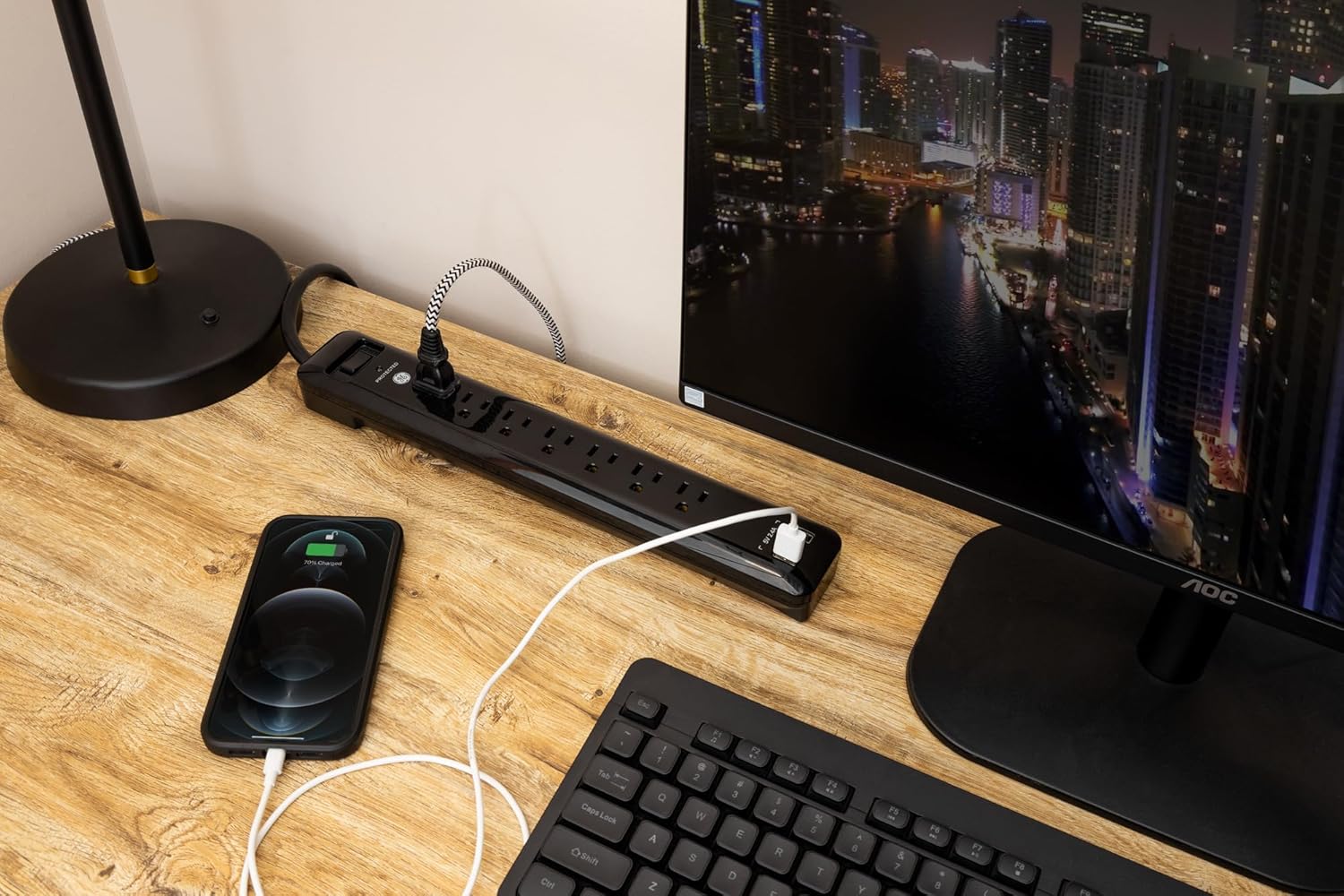 GE UltraPro 7-Outlet Surge Protector, 2 USB Ports, 4 Ft Power Cord, 1500 Joules, Flat Plug, Twist to Close Safety Covers, Power Filter, Circuit Breaker, Warranty, UL Listed, Black, 40482