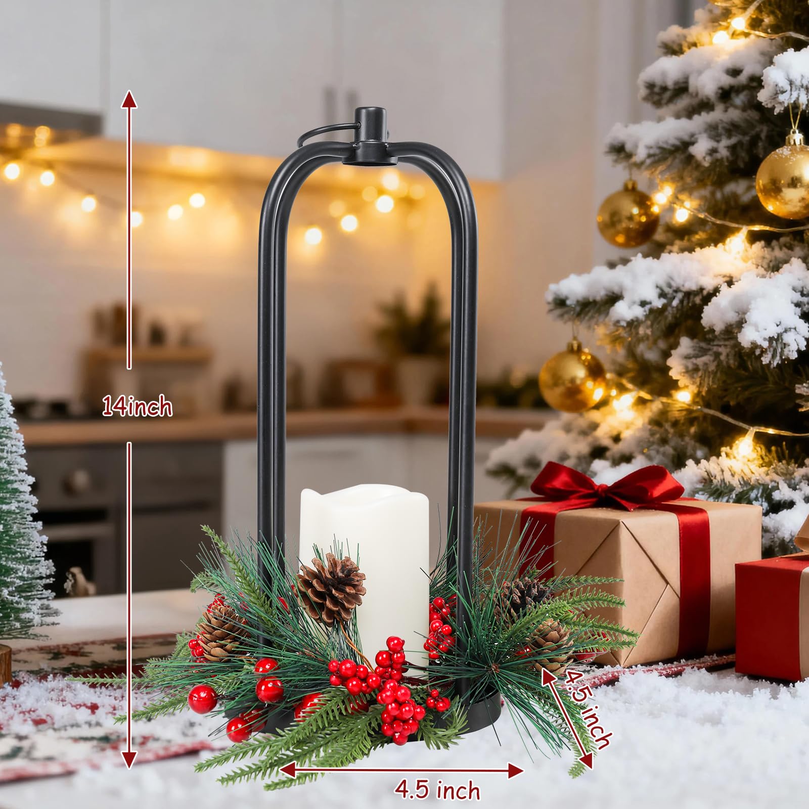 Bdor Juego de 2 faroles de Navidad, portavelas de metal colgante de 14 pulgadas de alto con conos de pino, bayas y vela LED sin llama, centro de mesa de vacaciones para decoración interior del hogar