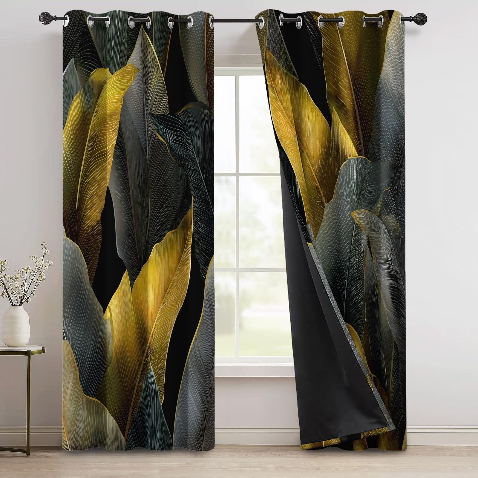 140 x 260 h cm (2 pannelli) Tenda oscurante, con foglie e foglie termiche, isolanti anti anti UV, giallo grigio opaco tendaggi, decorazione per casa, soggiorno, camera da letto, finestra con occhielli