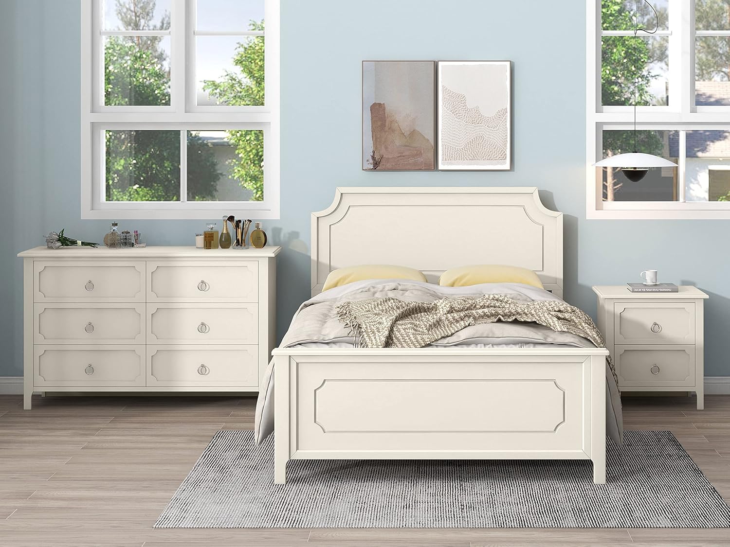Merax Milky White 3 Pieces Solid Wood Bedroom Furniture