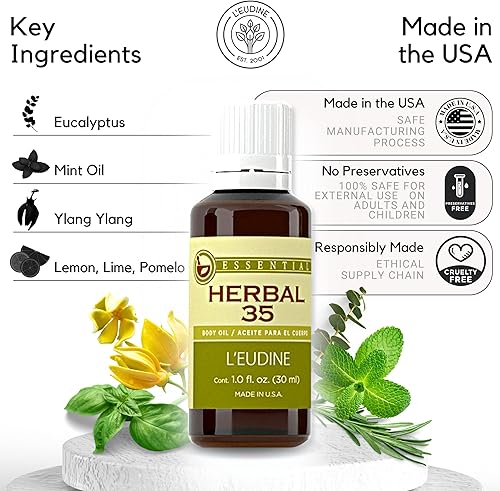Miniatura 5 de L'EUDINE Aceite esencial Herbal 35, paquete de 3, aceites de aromaterapia de 1 onza líquida, aceite de eucalipto y menta, promueve la circulación