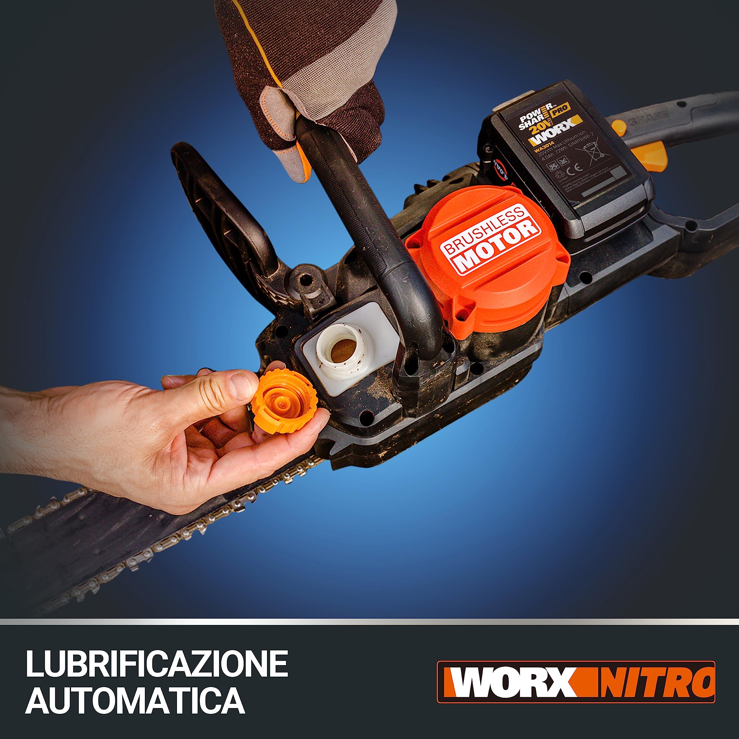WORX WG385E Elettrosega Nitro a batteria 40V | PowerShare | Include 2 batterie da 2 Ah e caricatore doppio | 40 cm di barra | lubrificazione automatica