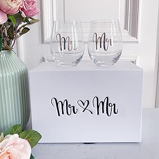 Hochzeits-Geschenkset Happy Hearts für das Hochzeitspaar | 7 teilig | mit Universal-Gläsern | Schimmernde Premiumbox mit Prägung und Schleife (MR & MR - 2 Herren)