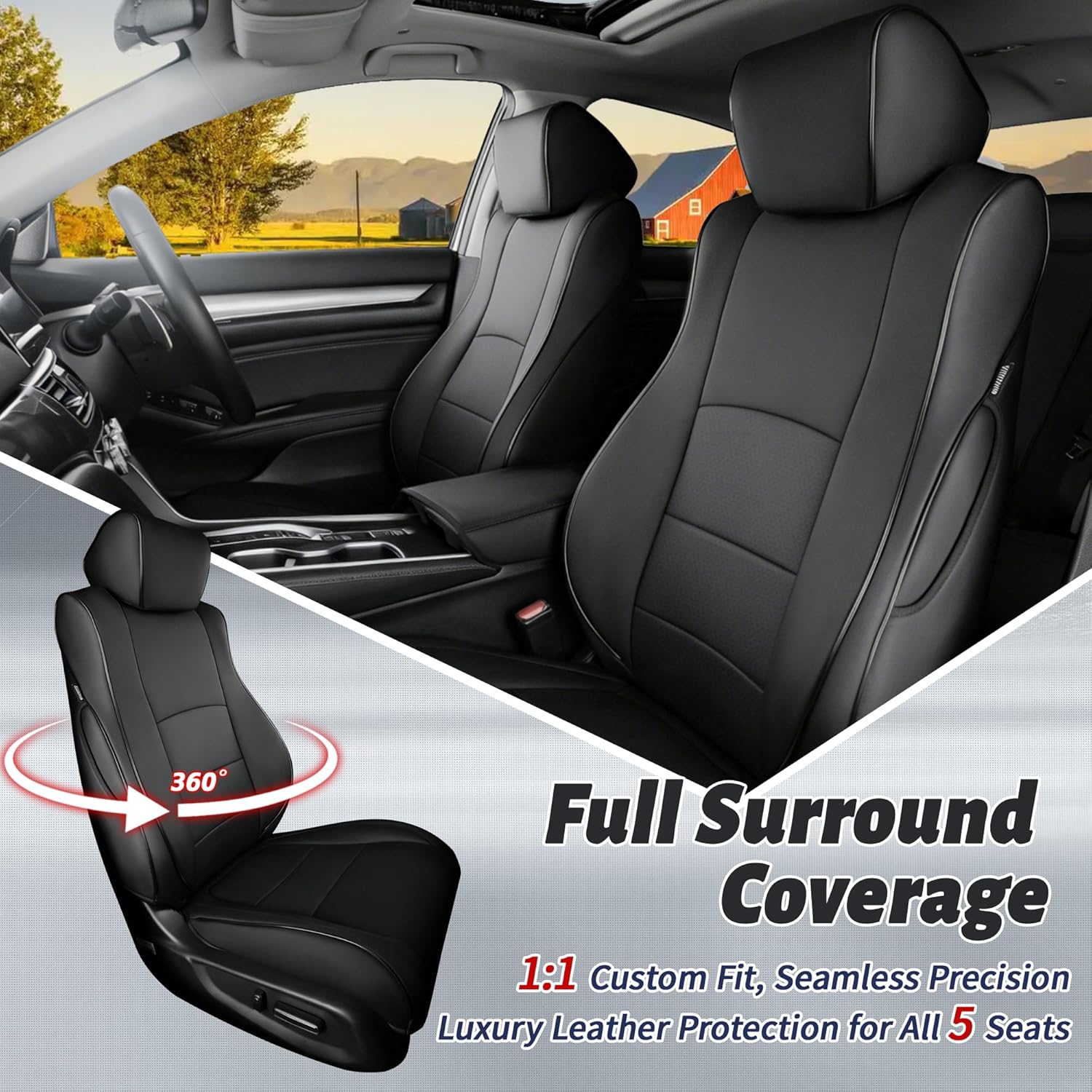 HKZ Custom Fit Accord Car Seat Covers for Honda Accord 2018 2019 2020 2021 2022 LX (Rear Row W/Solid Folding Backrest) - 5-Seats Full Set, Leather (Black)