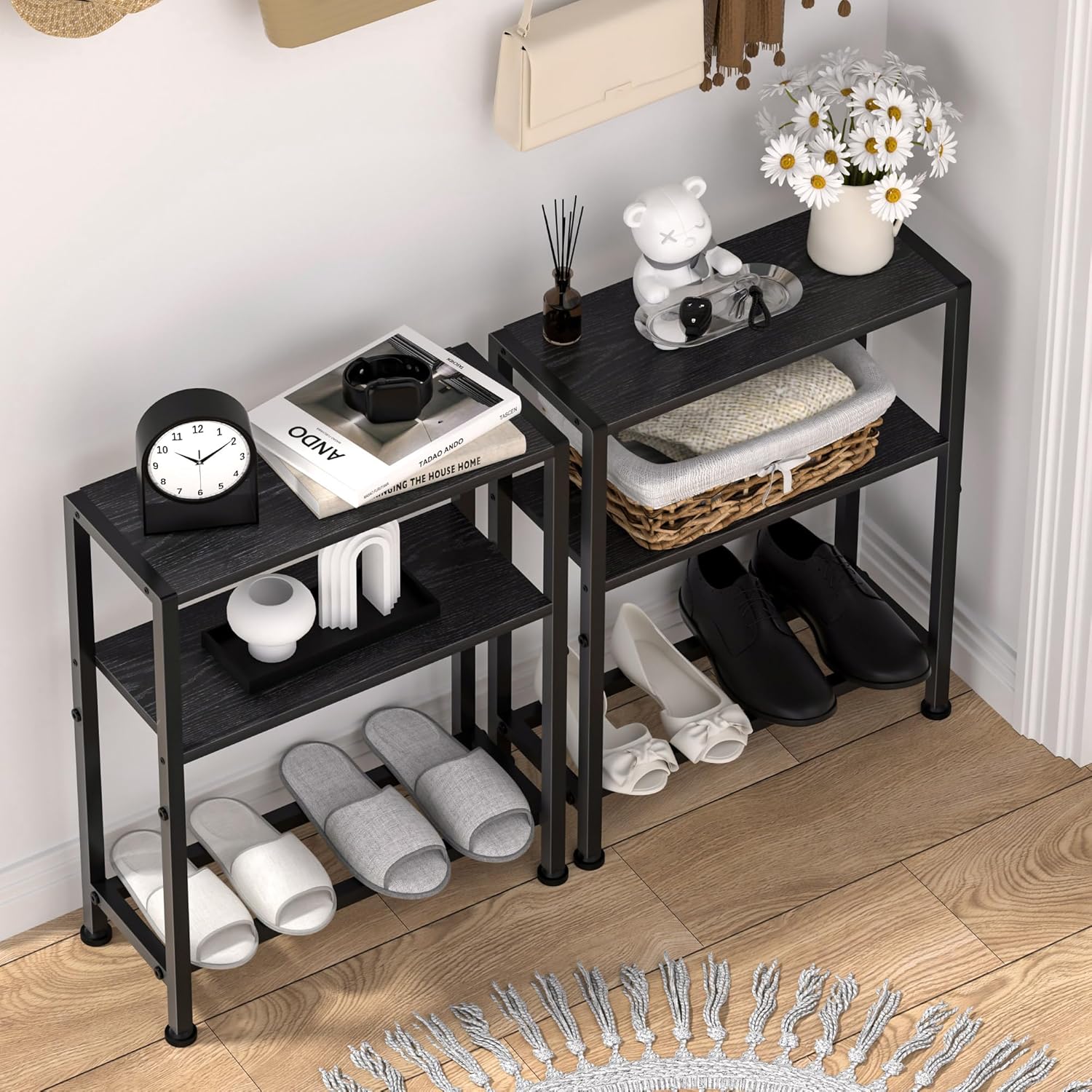 Narrow Side Table for Small Space, 2-Tier Small End Table with Shelf Holder, Slim Nightstand, Skinny Snack Couch Table in Living Room, Bedroom, Study, Kitchen and Balcony (Black)