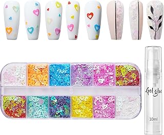 Makartt 12 Colors Glitters Nail Sequins，Love Heart Nail Sequins，Chunky Glitter Nail Art Decoration 12 Colors Love Heart Nail Sequins for Valentines‘s Day